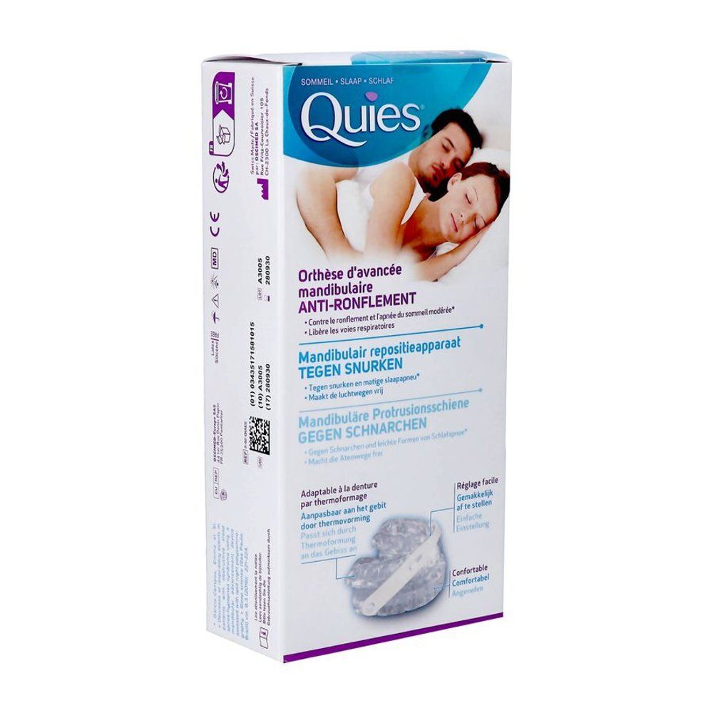 Orthèse d'avancée mandibulaire Quies anti-ronflement : emballage avec image d'un couple dormant et informations produit.