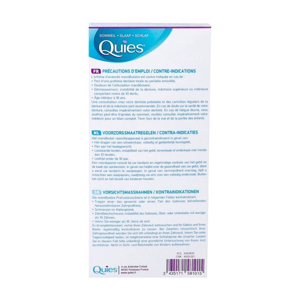 Quies Mandibulair anti-snurkapparaat: achterkant van de verpakking met gebruiksinstructies en contra-indicaties.