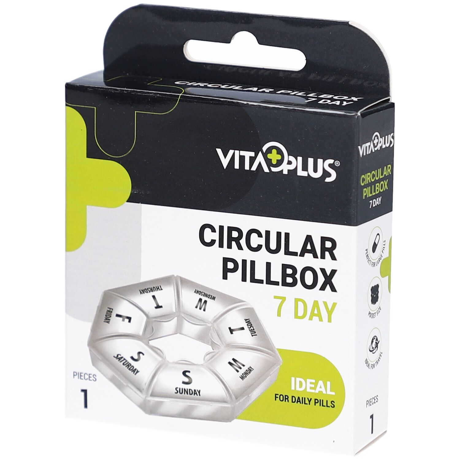 Ronde pillendoos voor 7 dagen. Zwarte verpakking met productnaam en logo. Ideaal voor dagelijkse pillen.