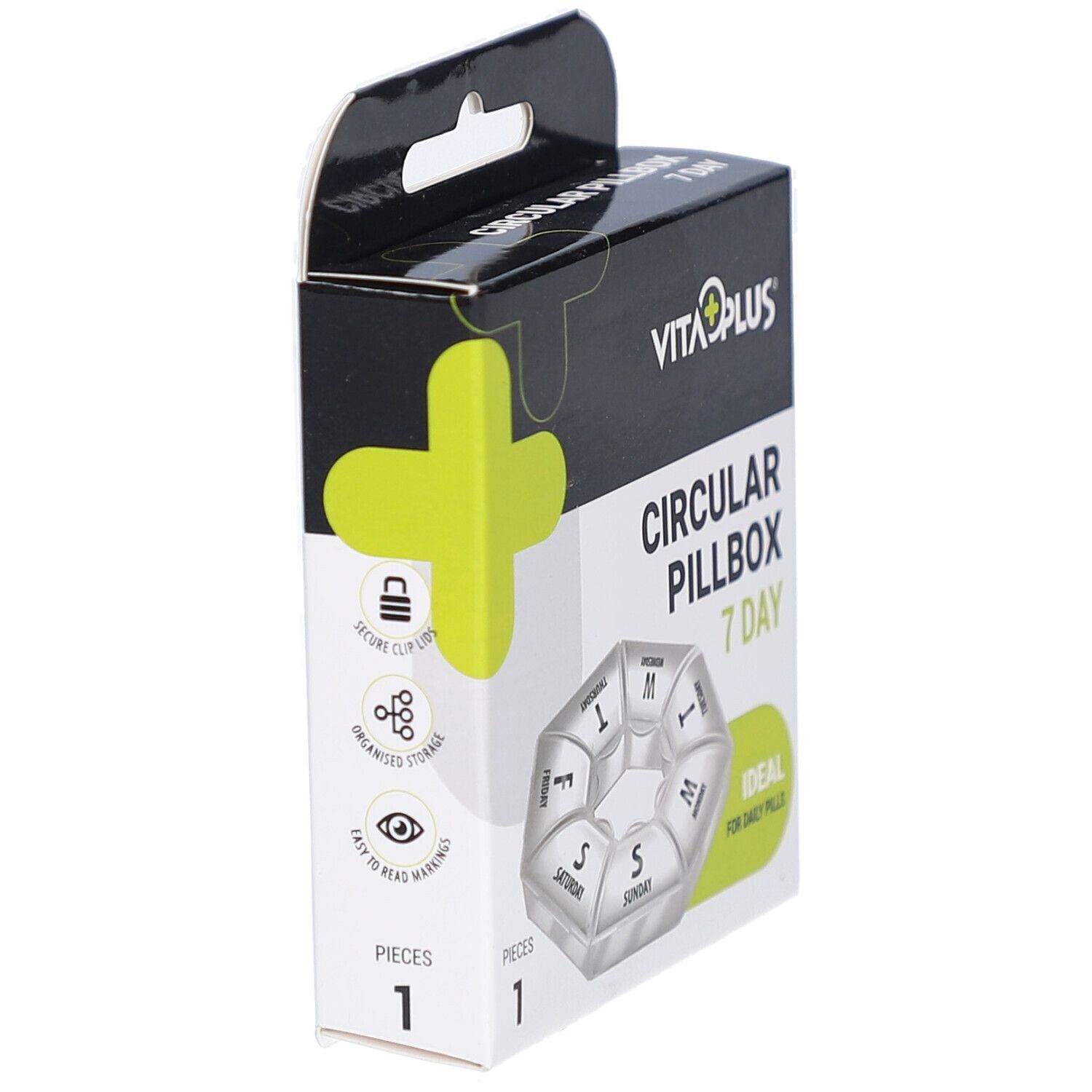 Pillendoos in verpakking. Zwarte verpakking met productnaam en logo. 7-daagse doos met compartimenten.