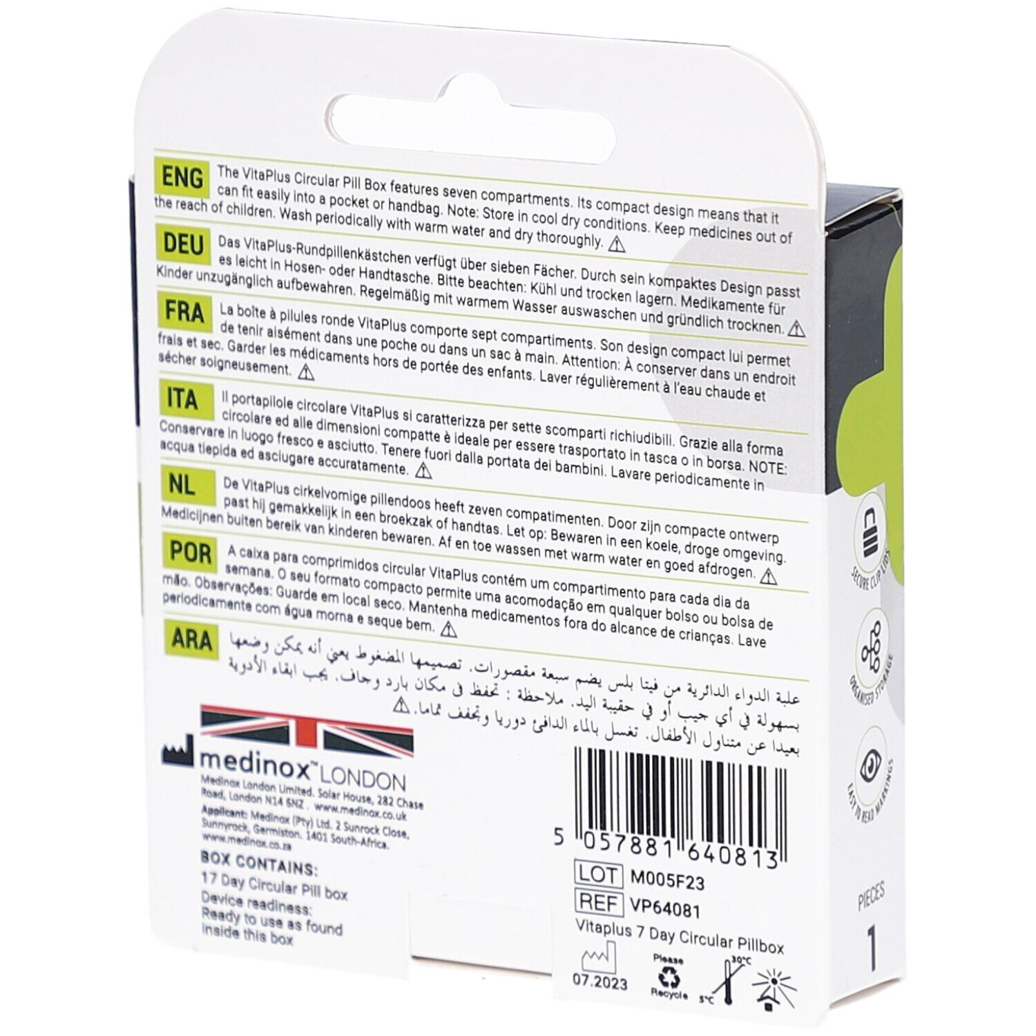 Achterkant van de verpakking. Meertalige tekst. Informatie over het product en de fabrikant.