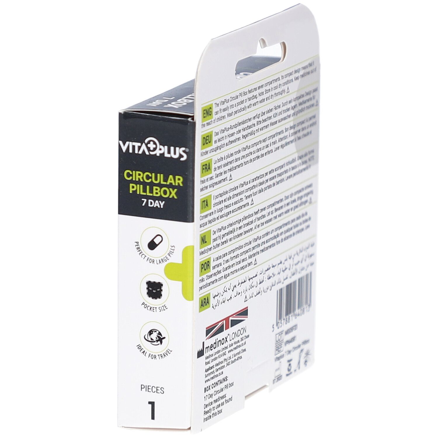 Verpakking met productinformatie. Zwarte verpakking met logo en tekst. Ideaal voor reizen.