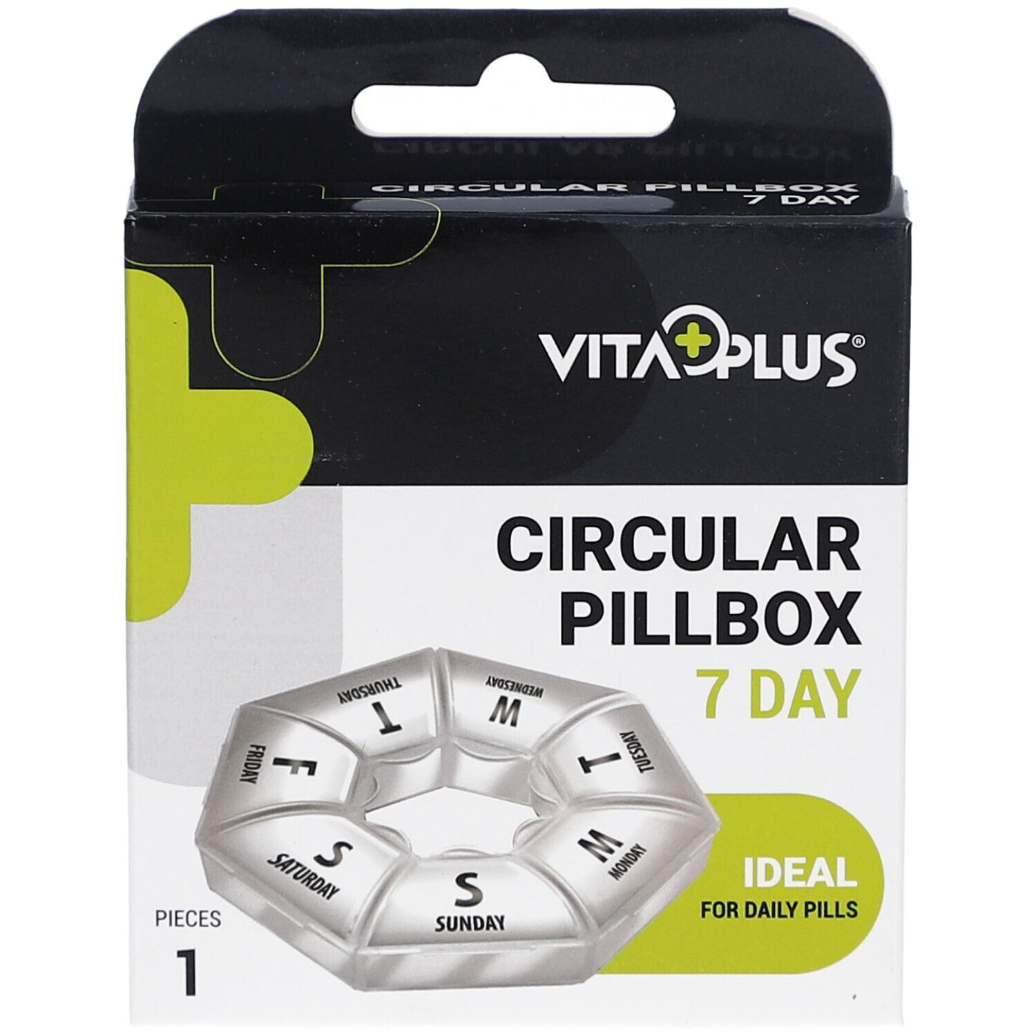 Pillendoos voor 7 dagen. Zwarte verpakking met productnaam en logo. Ideaal voor dagelijkse pillen.