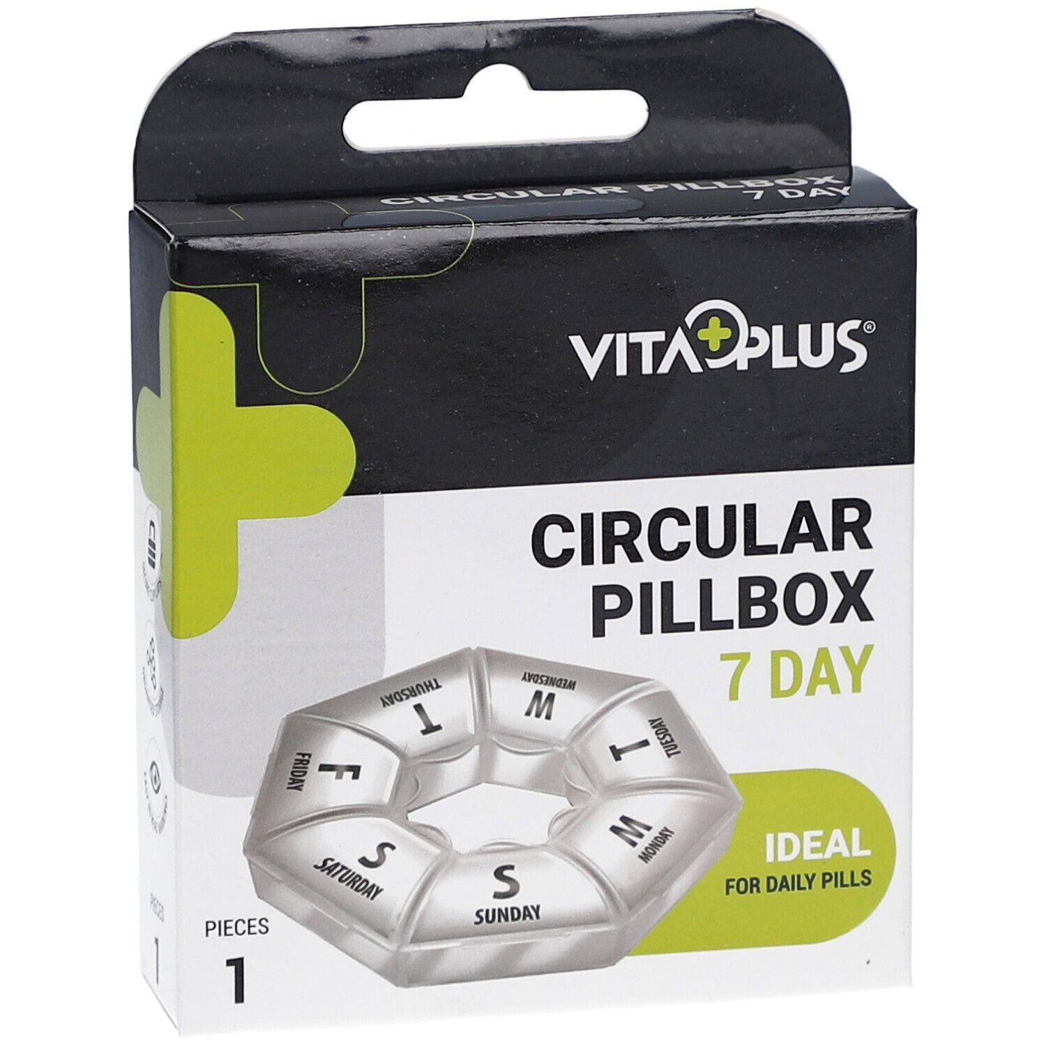 Pillendoos voor 7 dagen. Zwarte verpakking met productnaam en logo. Ideaal voor dagelijkse pillen.