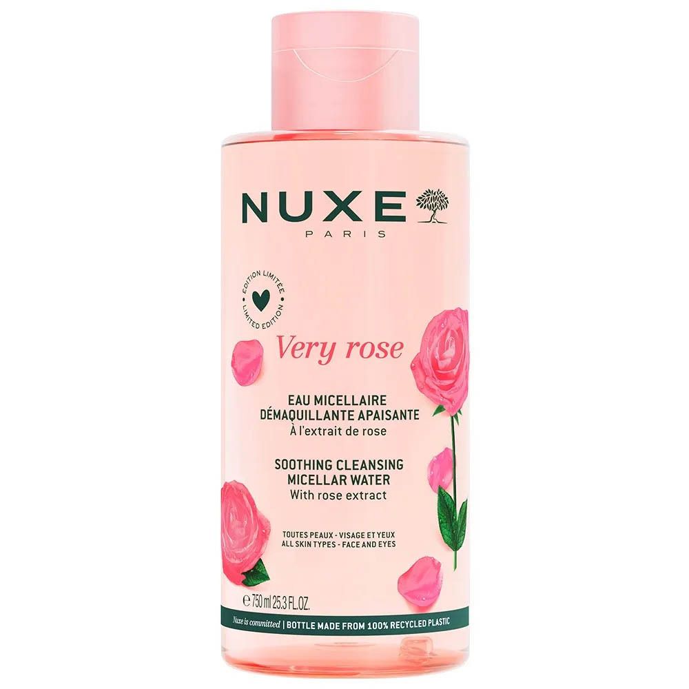 Nuxe Very Rose Eau Micellaire. Bouteille rose avec bouchon rose. Inscription: Very Rose, Eau Micellaire, Soothing Cleansing Micellar Water.
