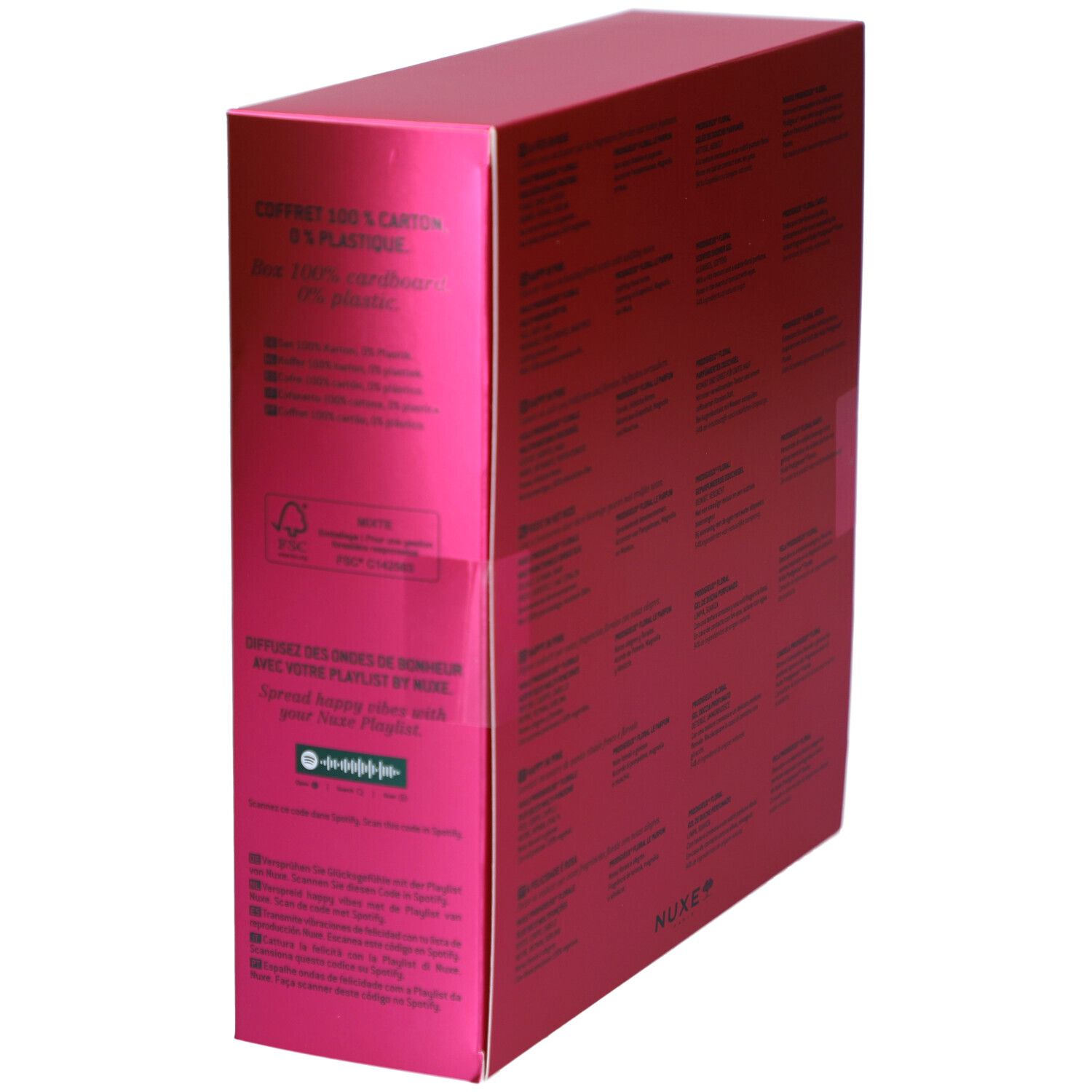 Coffret rose, vue latérale. Texte et logos. Logo FSC.