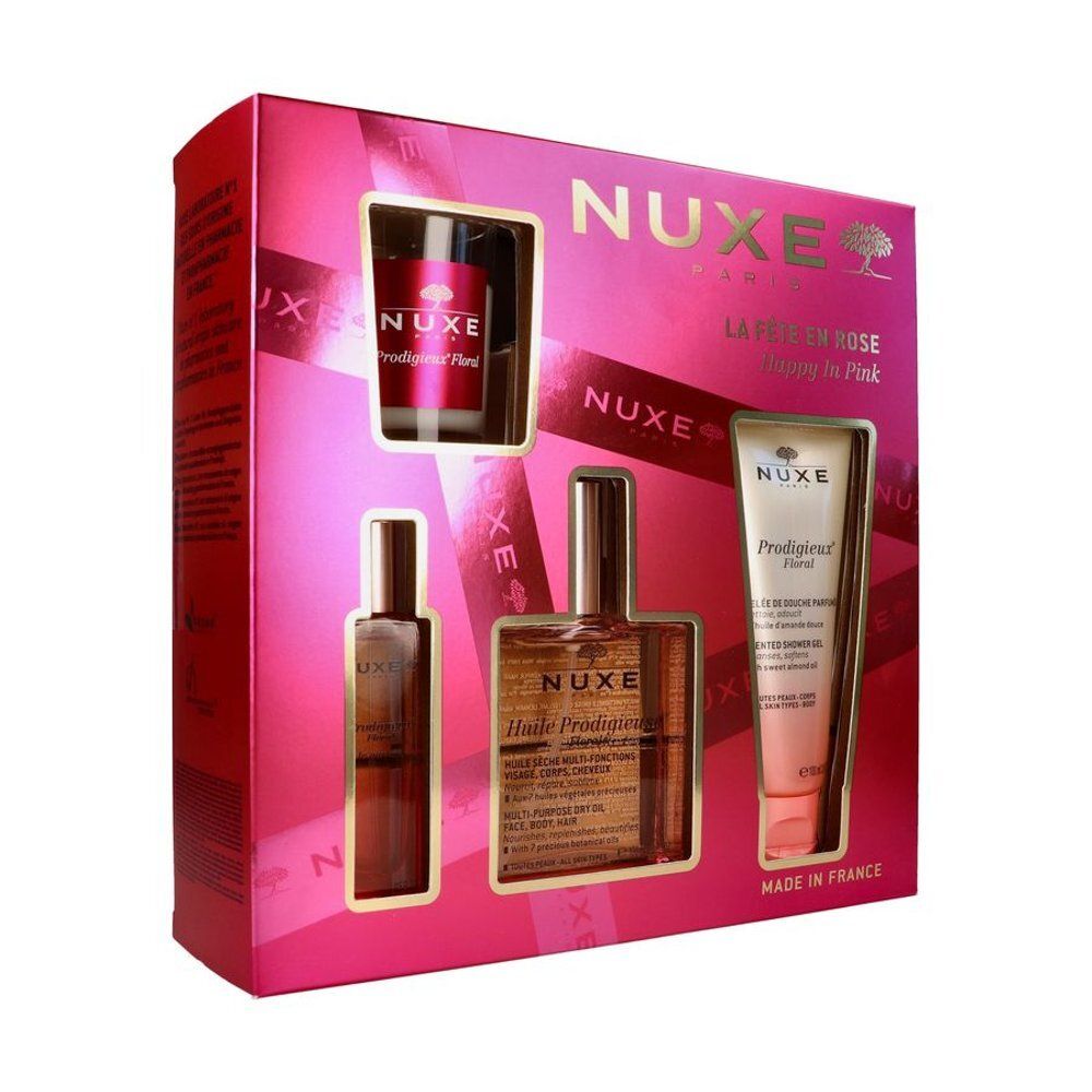 Achterkant van een Nuxe geschenkset met productinformatie en zegels.