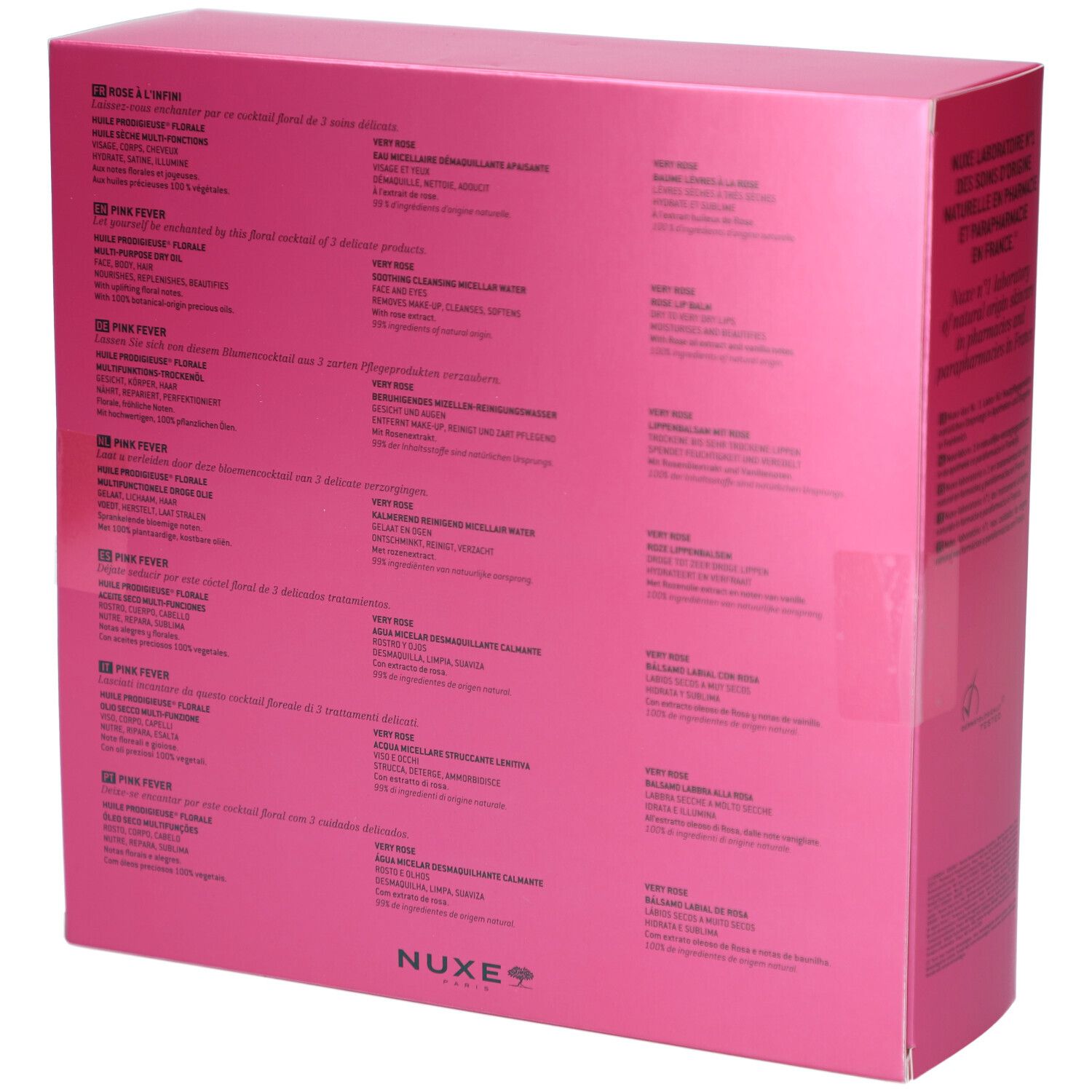 Dos du coffret rose. Texte en plusieurs langues. Logo Nuxe en bas.