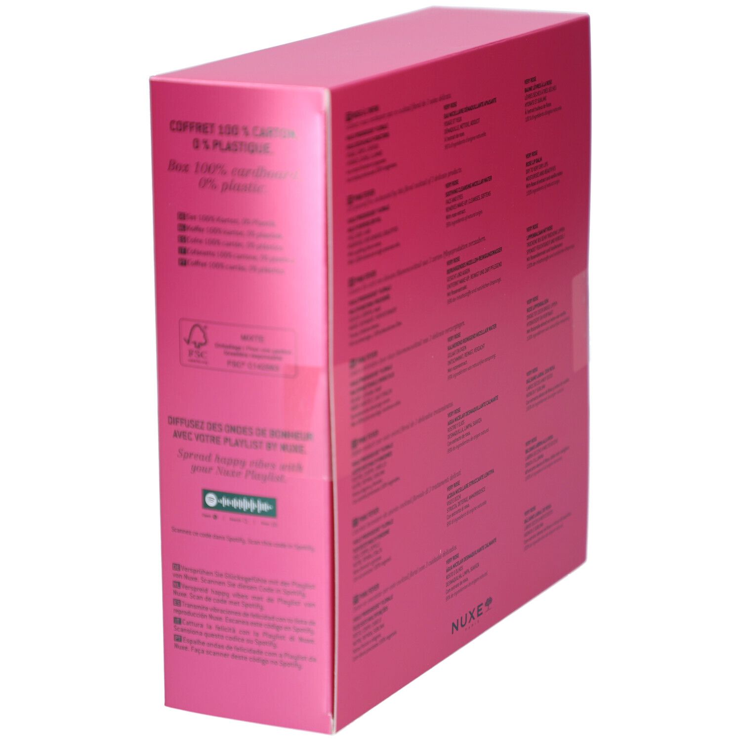 Vue latérale du coffret rose. Texte et logos. Logo FSC.