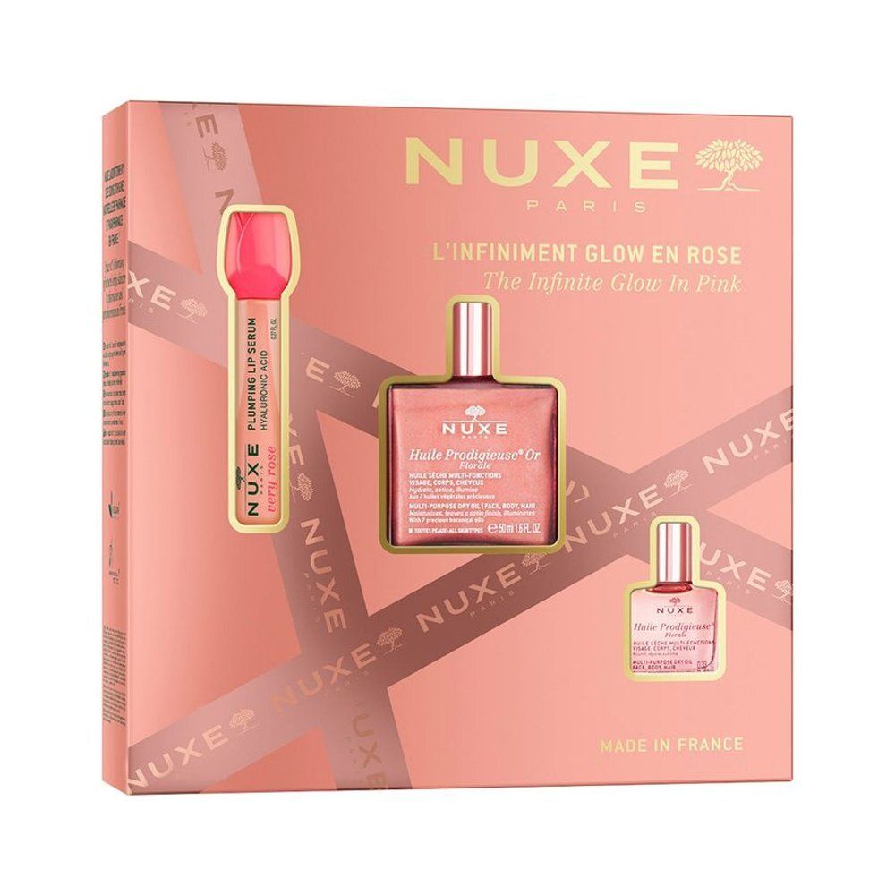 Coffret Nuxe avec rouge à lèvres et deux flacons d'Huile Prodigieuse.