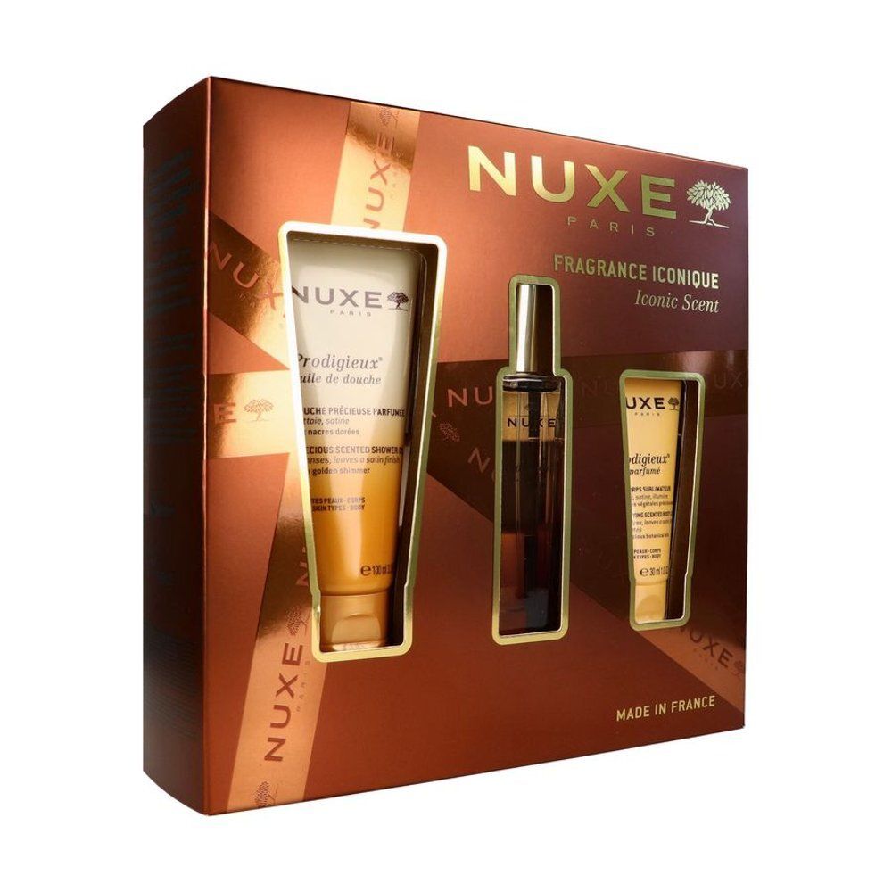 Nuxe geschenkset met drie lichaamsproducten: doucheolie, lichaamsolie en handcrème.