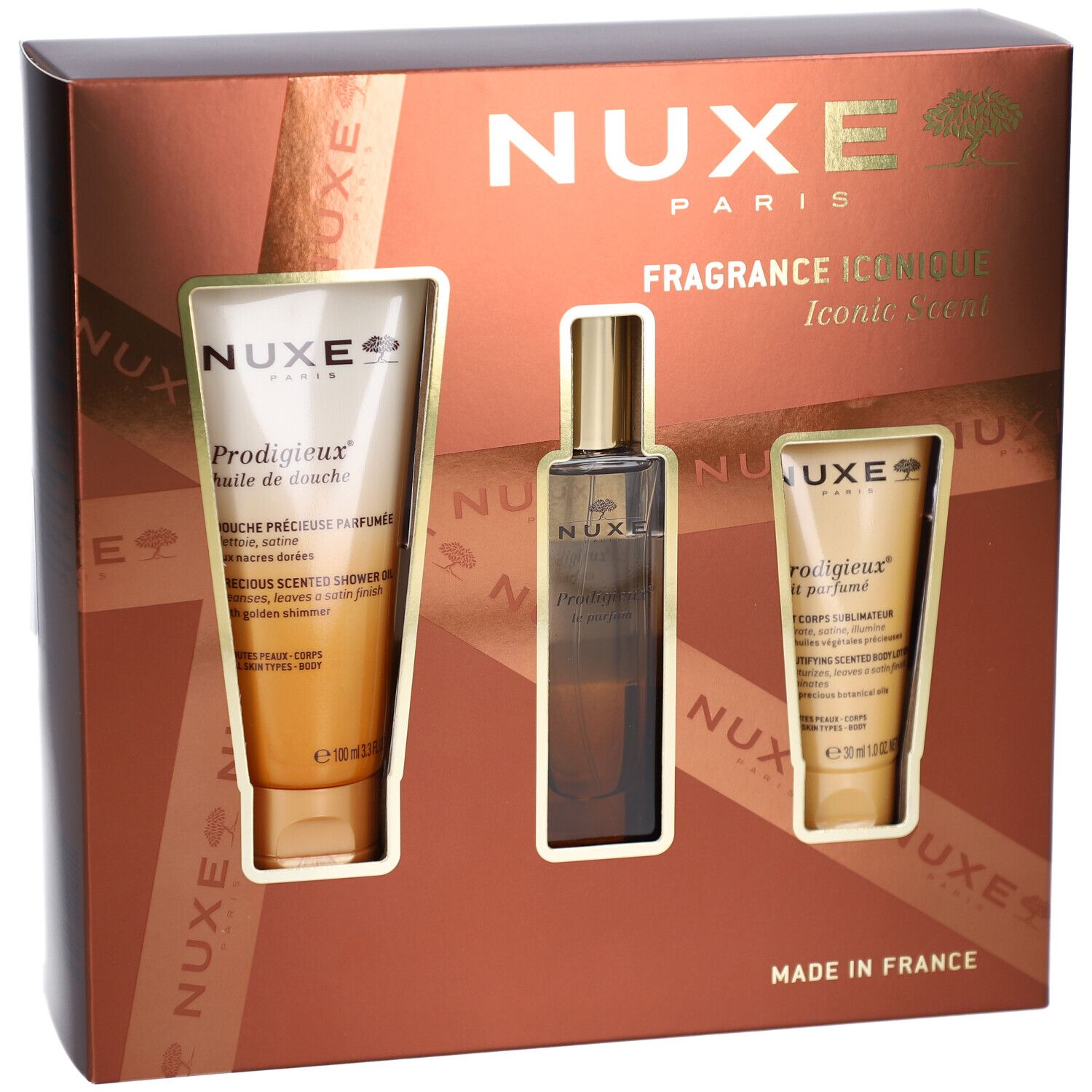 Cadeauset met drie producten. Bevat een douchecrème, parfum en bodylotion. Verpakking in een bruine doos met gouden accenten.