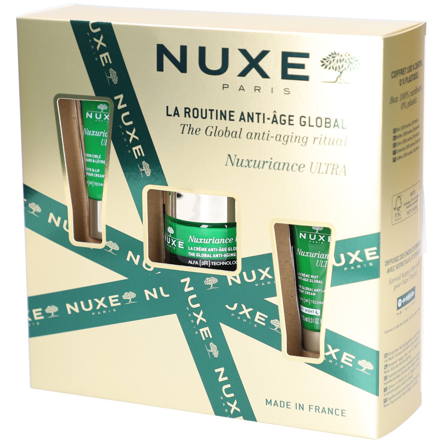 Geschenkverpakking met drie Nuxe-producten. Bevat crèmes en tubes. Verpakking met groene accenten en productnaam.