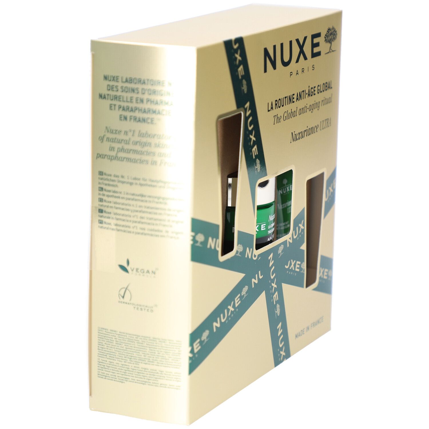 Zijaanzicht van de geschenkverpakking met Nuxe-producten. Toont de verpakking met productnaam en logo. Vegan-logo zichtbaar.