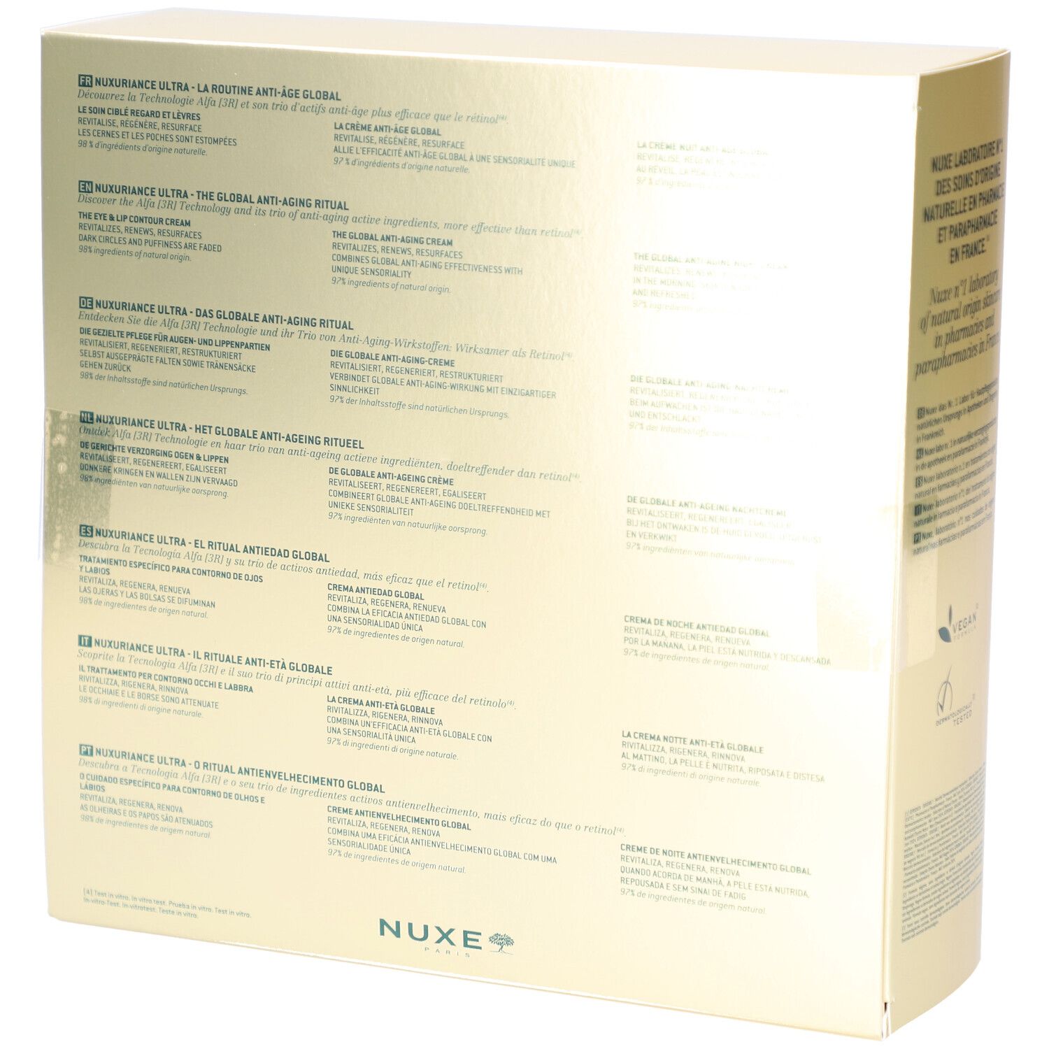 Achterkant van de geschenkverpakking met tekst in meerdere talen. Bevat productinformatie en het Nuxe-logo.