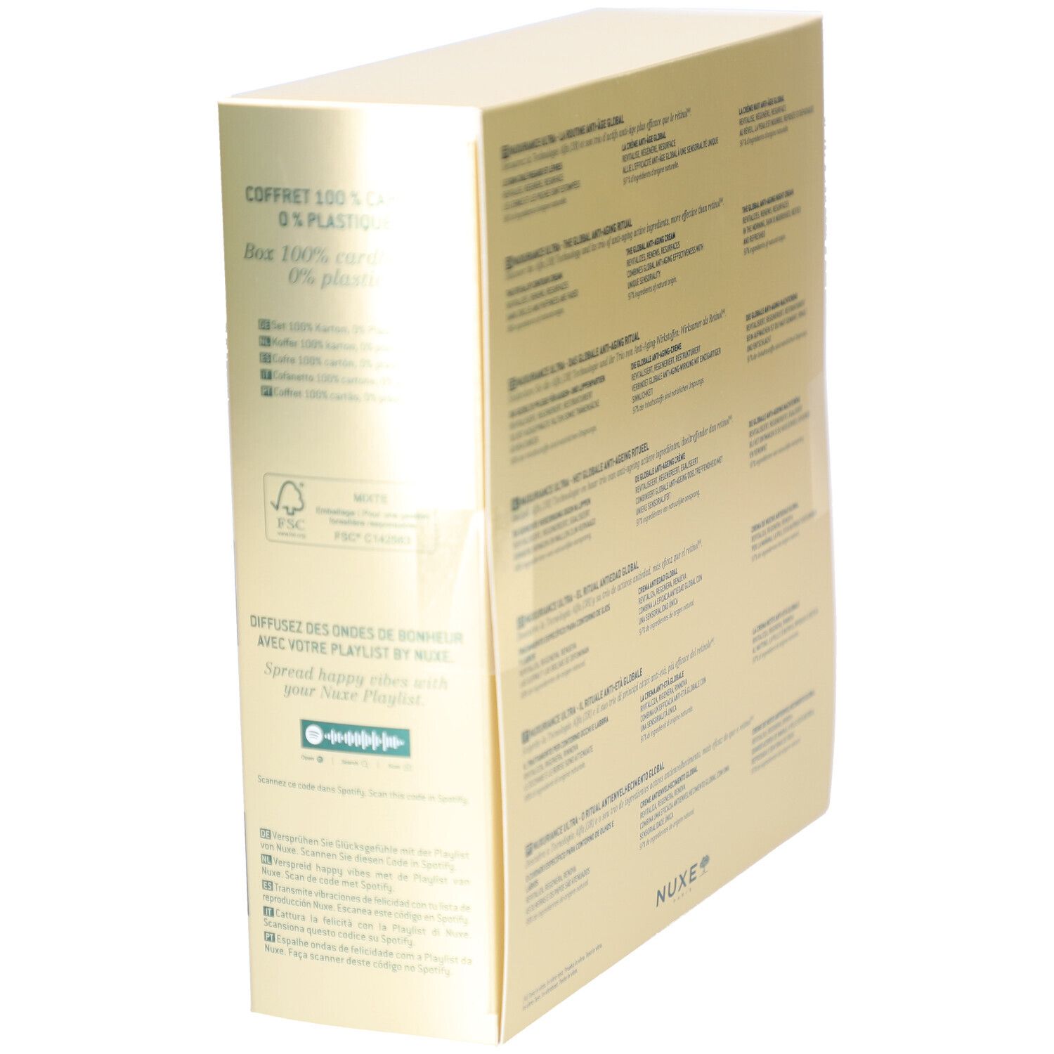 Achterkant van de geschenkverpakking met tekst en logo's. Bevat informatie over de verpakking en het Nuxe-logo.