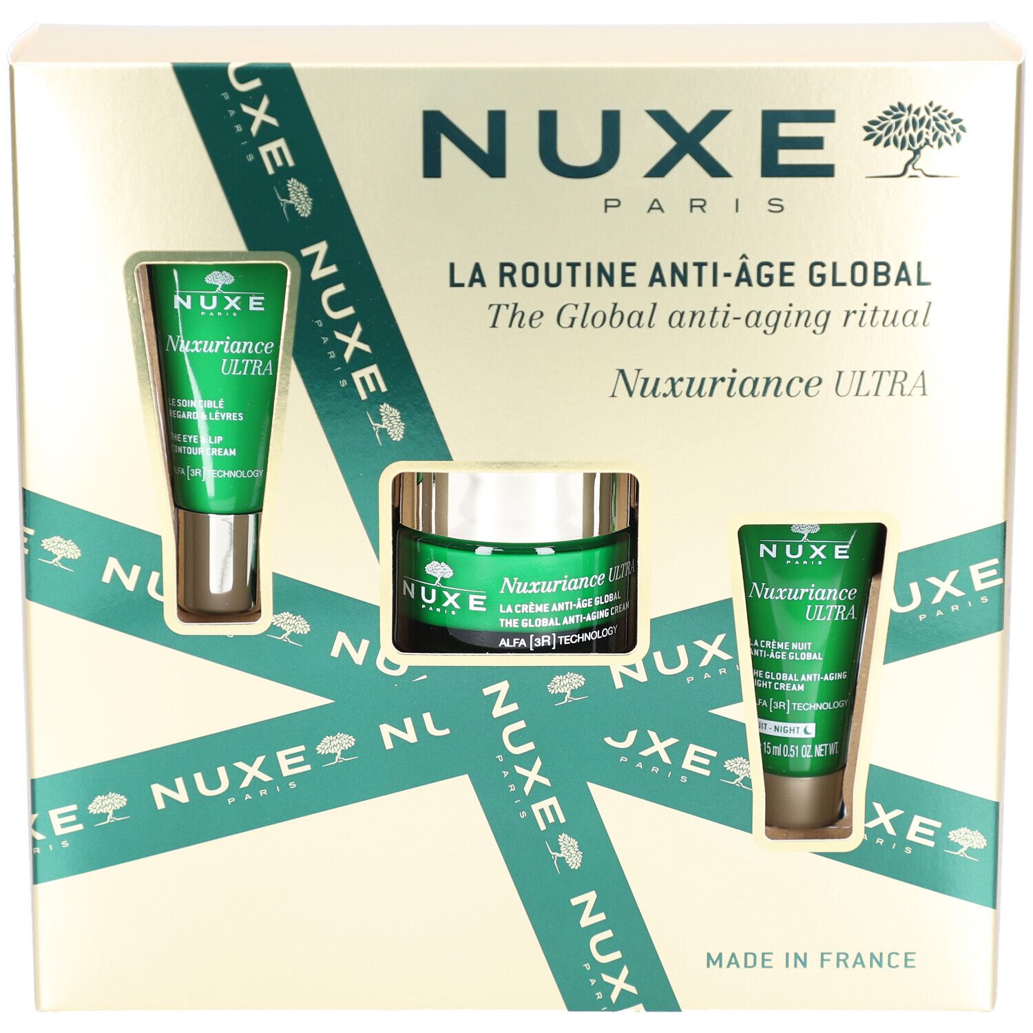 Geschenkverpakking met drie Nuxe-producten. Bevat crèmes en tubes. Verpakking met groene accenten en productnaam.