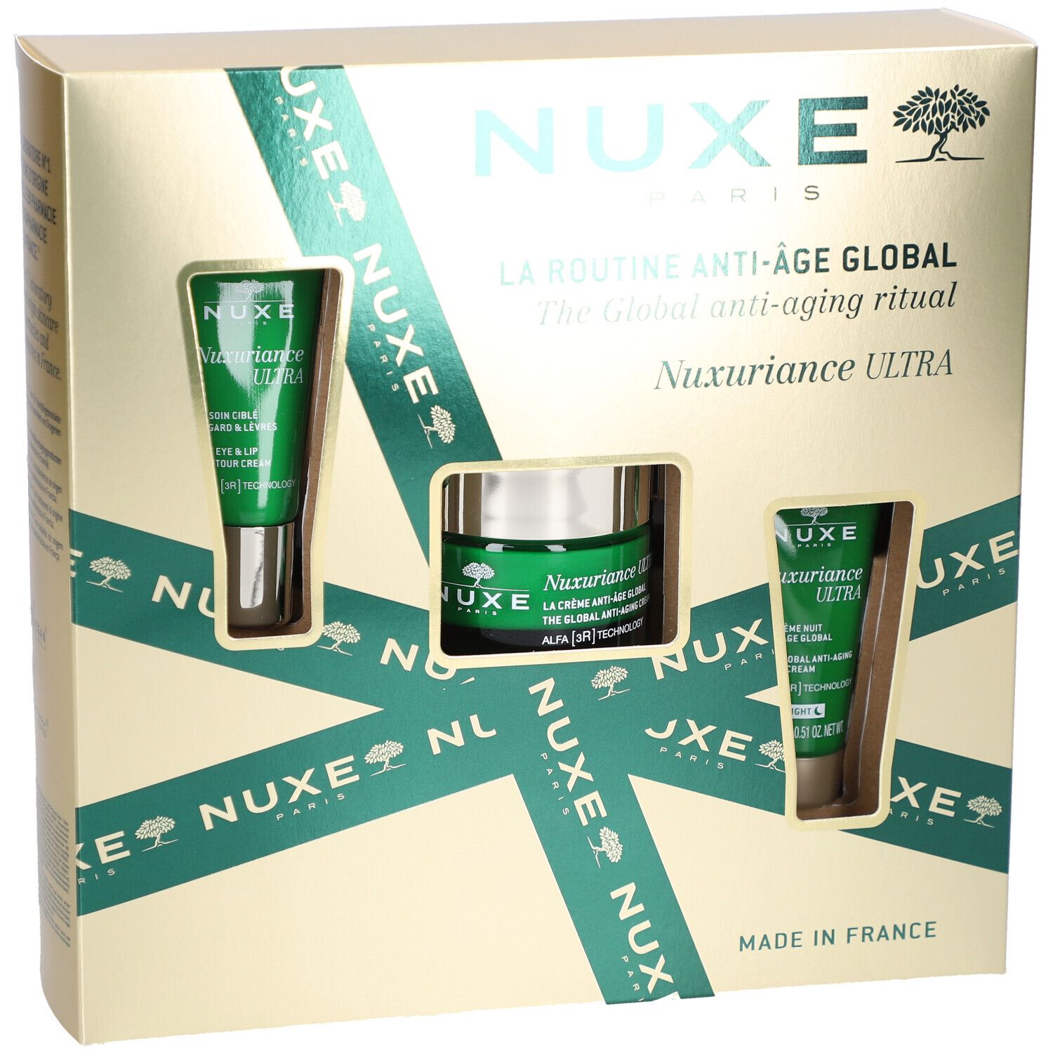 Geschenkverpakking met drie Nuxe-producten. Bevat crèmes en tubes. Verpakking met groene accenten en productnaam.