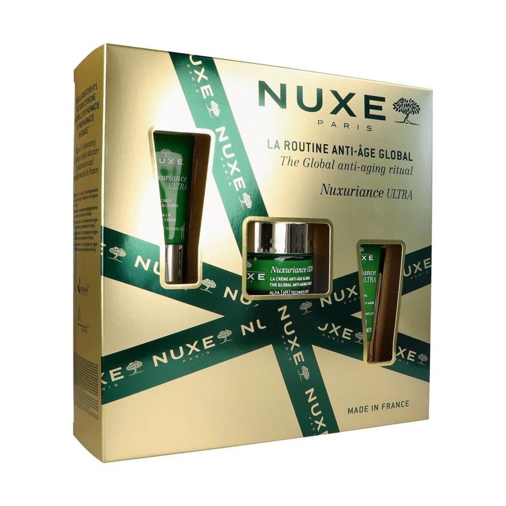 Achterkant van de NUXE geschenkverpakking met productinformatie en logo's.