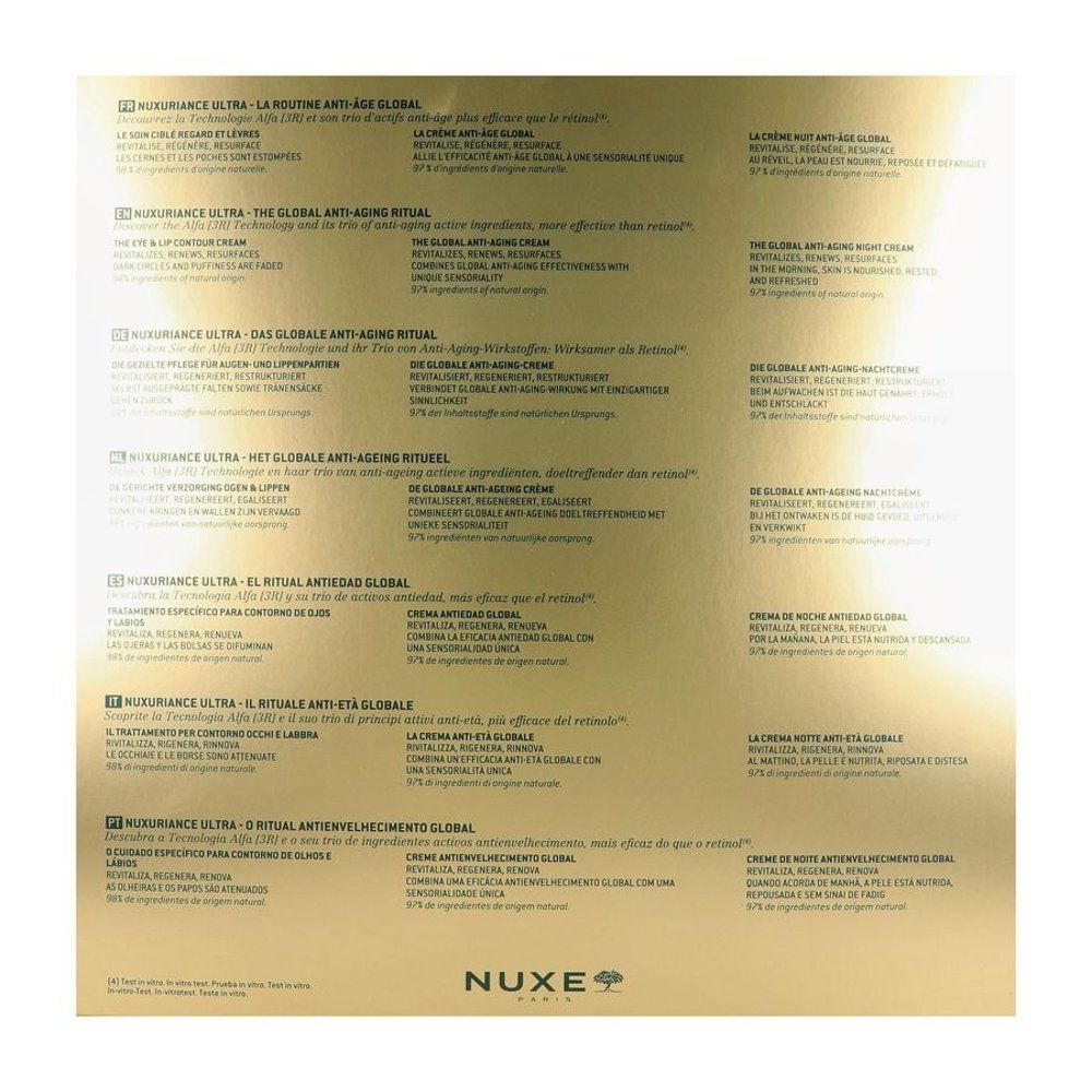 Zijaanzicht van de NUXE geschenkverpakking met gedetailleerde productbeschrijvingen.