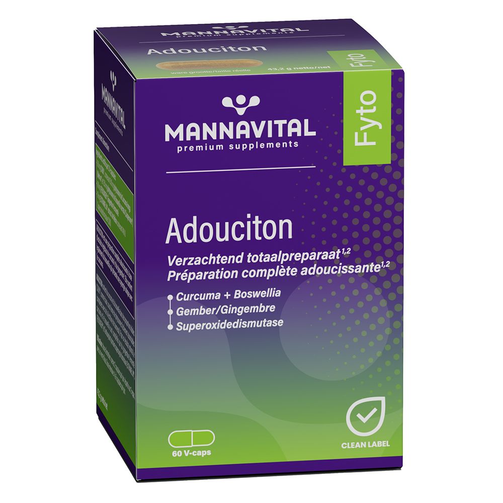 Mannavital Adouciton-verpakking. Paars-groene doos met productnaam en ingrediënten. 60 V-capsules.
