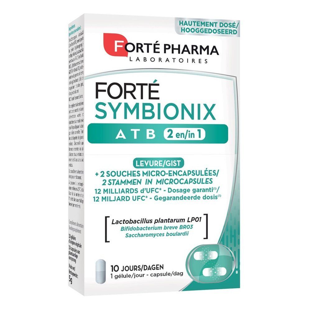 Doos Forté Pharma Symbionix ATB 2 in 1. Bevat capsules. Opschrift: 10 jours/dagen. 5g.