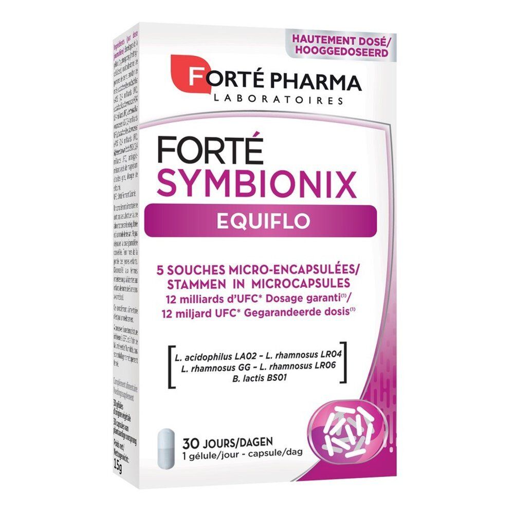 Verpakking Forté Pharma Symbionix Equiflo. Bevat 30 capsules. Productnaam en logo duidelijk zichtbaar. Meertalige informatie.