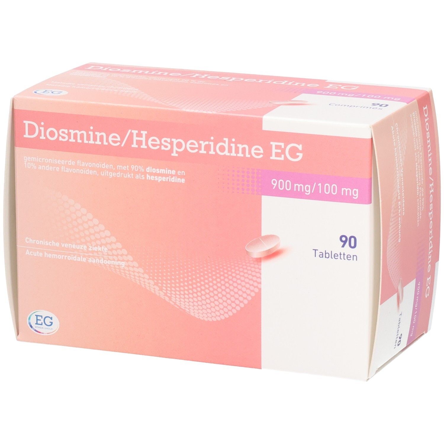Doosje Diosmine/Hesperidine EG tabletten. Roze-witte verpakking, 90 tabletten, 900mg/100mg. EG-logo.