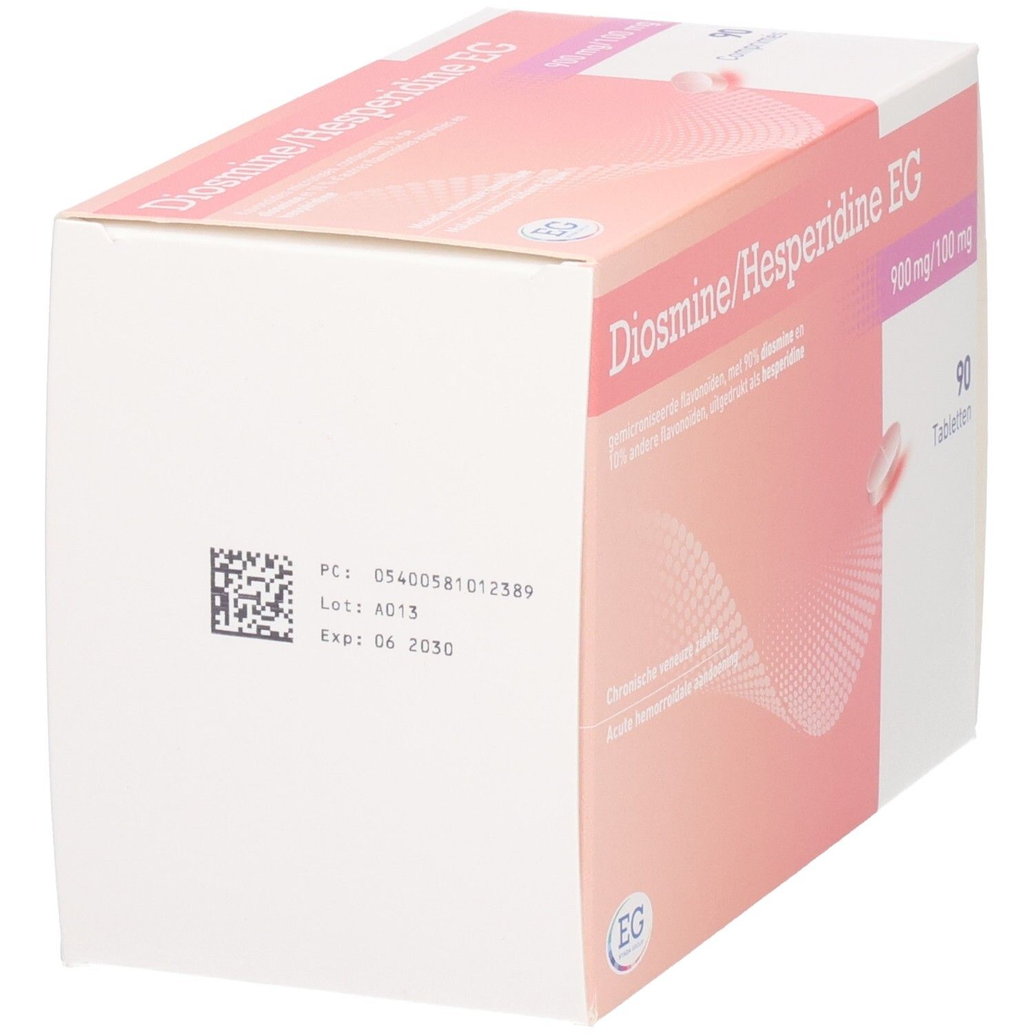 Achterkant van de Diosmine/Hesperidine EG tablettendoos. Barcode, lotnummer, vervaldatum. EG-logo.