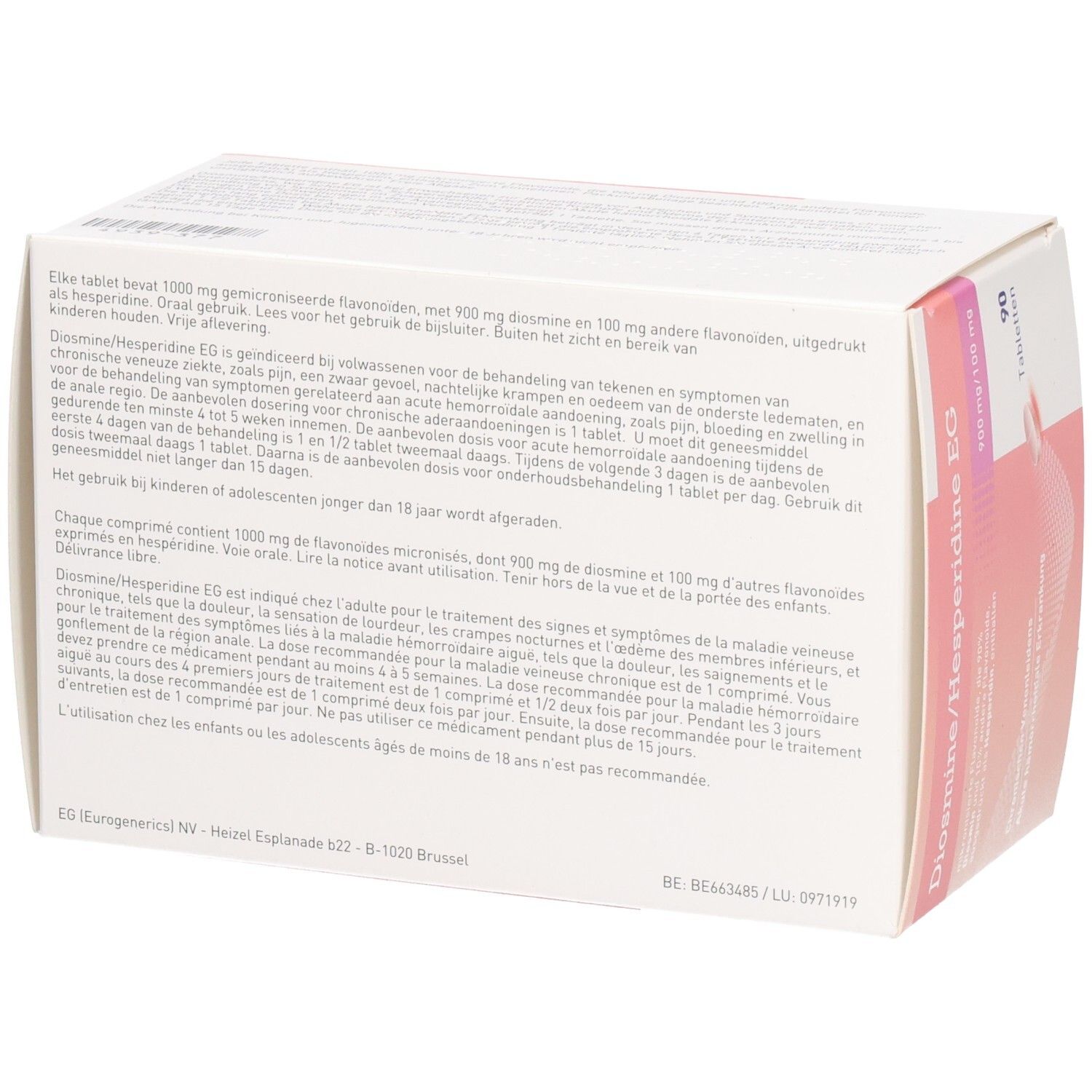 Diosmine/Hesperidine EG tablettendoos. Tekst op de verpakking. EG-logo. Achterkant met tekst.