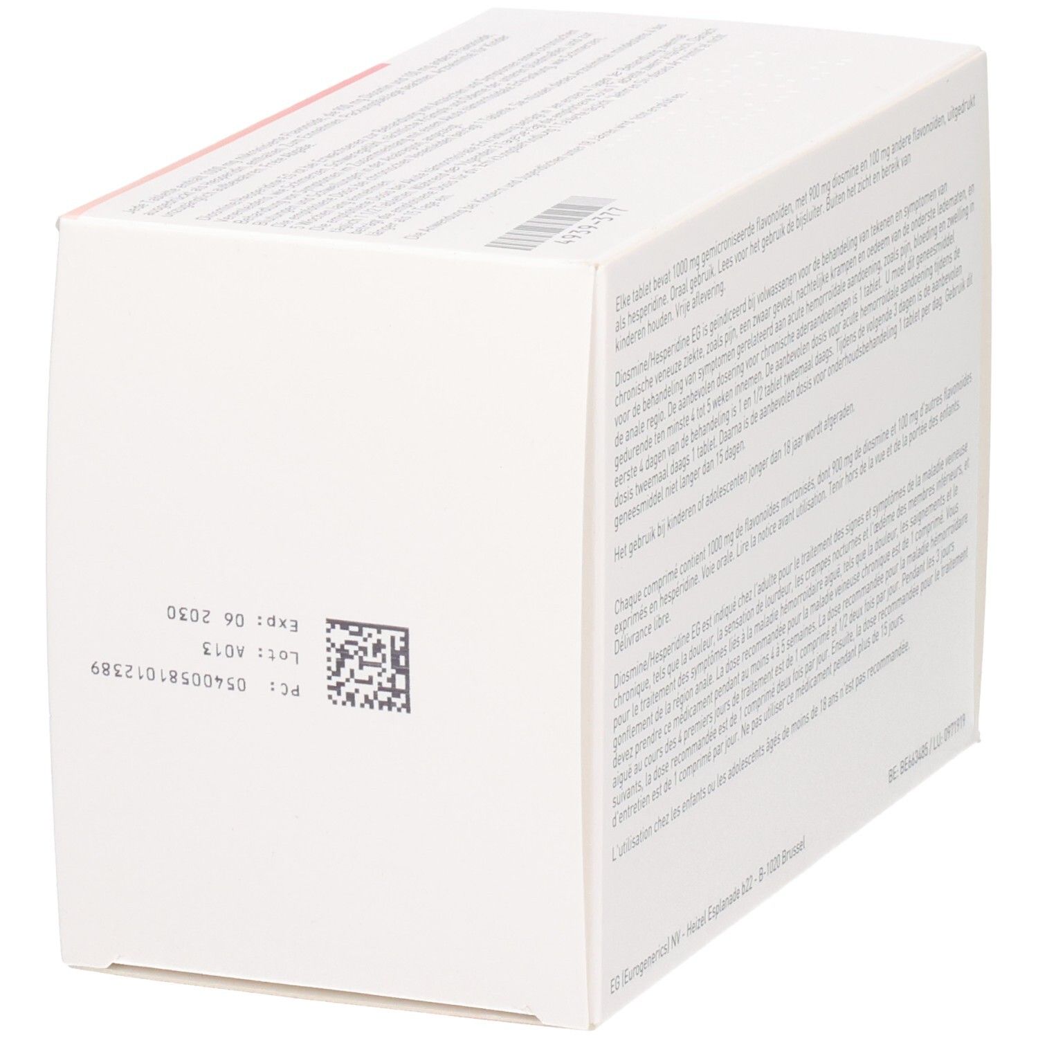 Achterkant van de Diosmine/Hesperidine EG tablettendoos. Barcode, lotnummer, vervaldatum. Tekst.