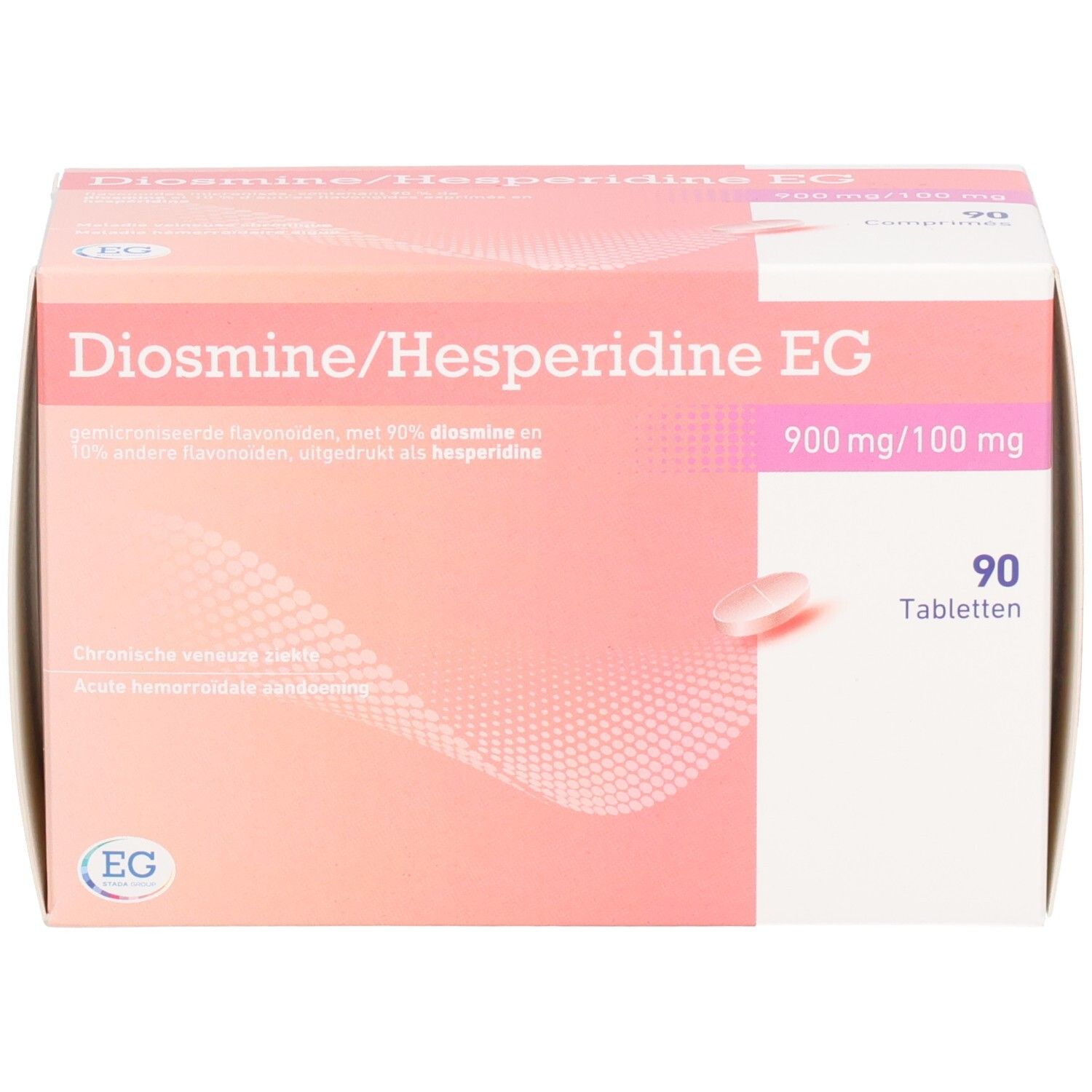 Doosje Diosmine/Hesperidine EG tabletten. Roze-witte verpakking, 90 tabletten, 900mg/100mg. EG-logo.