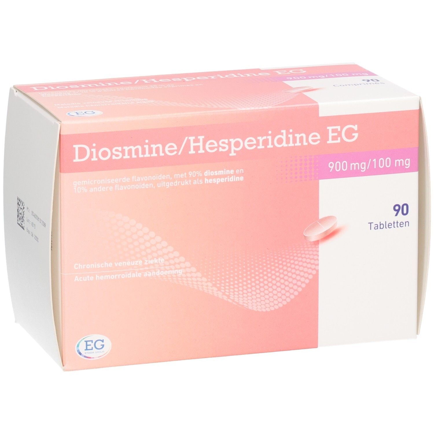 Doosje Diosmine/Hesperidine EG tabletten. Roze-witte verpakking, 90 tabletten, 900mg/100mg. EG-logo.