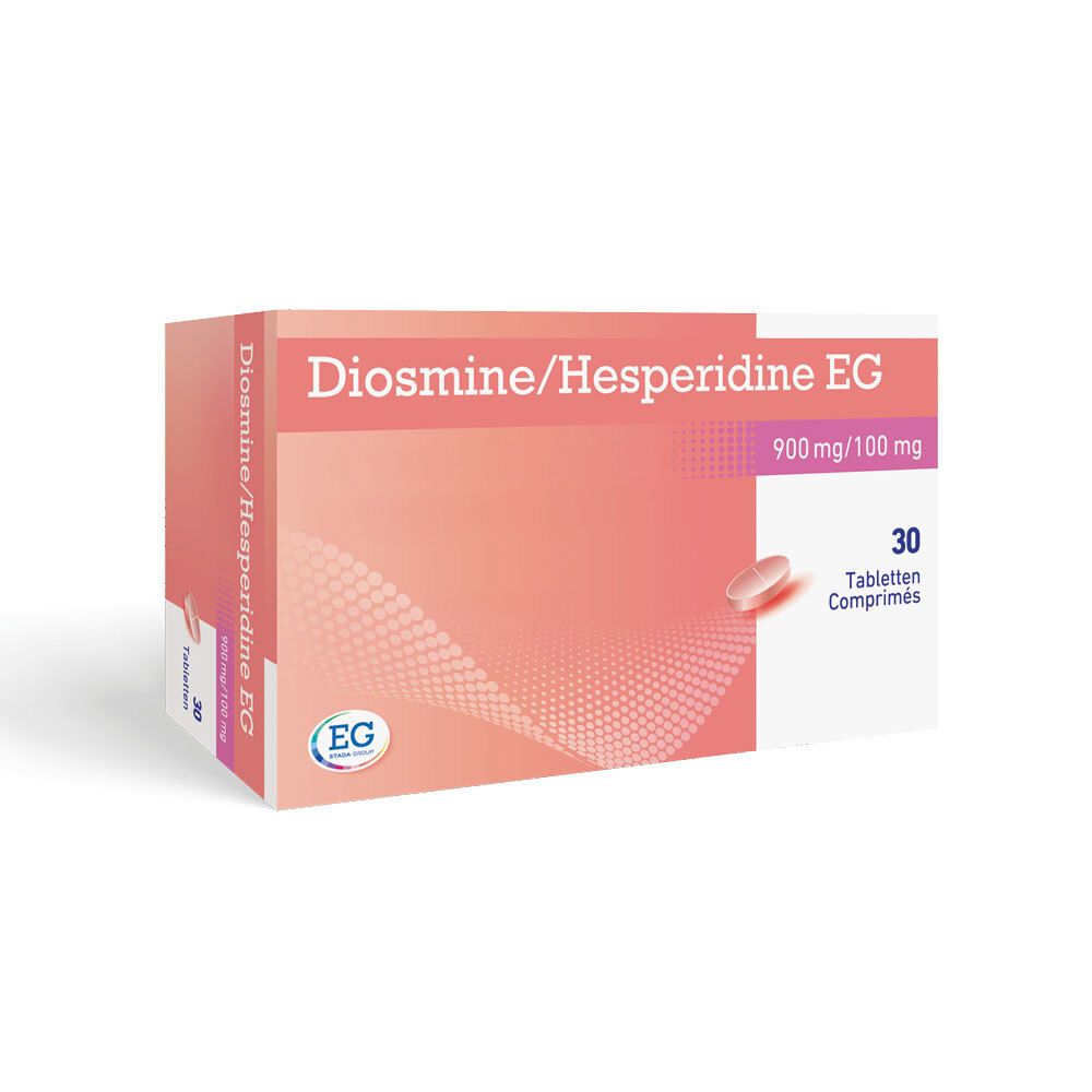 Boîte de Diosmine/Hespéridine EG. Inscription : 900 mg/100 mg, 30 comprimés. Logo EG.