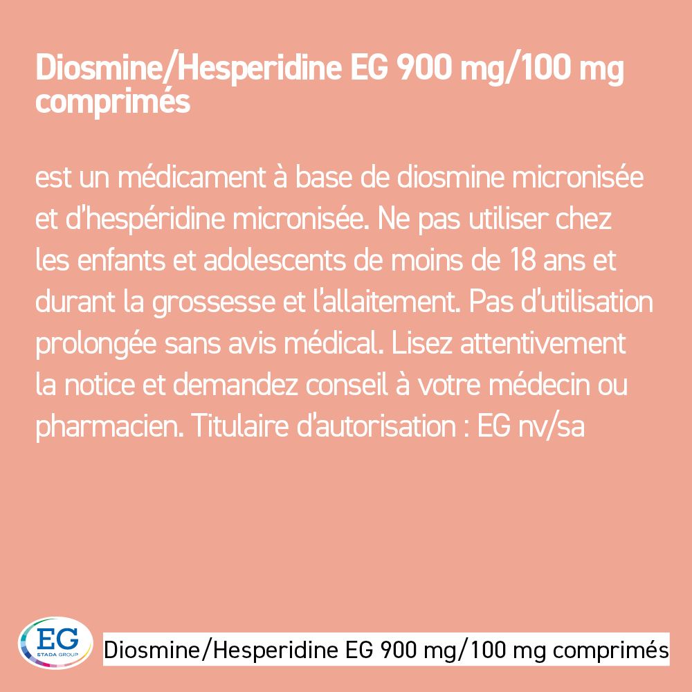 Texte sur fond rose. Diosmine/Hespéridine EG 900 mg/100 mg comprimés. Logo EG.