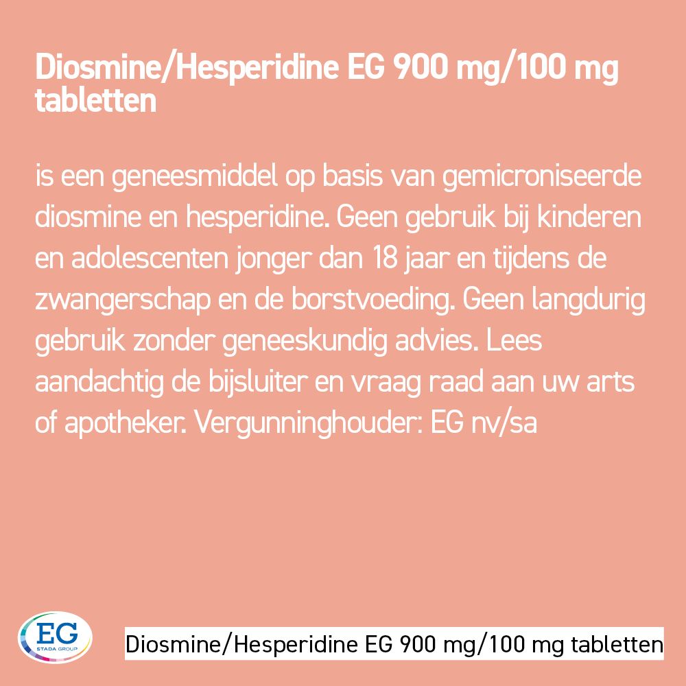Texte sur fond rose. Diosmine/Hespéridine EG 900 mg/100 mg comprimés. Logo EG.