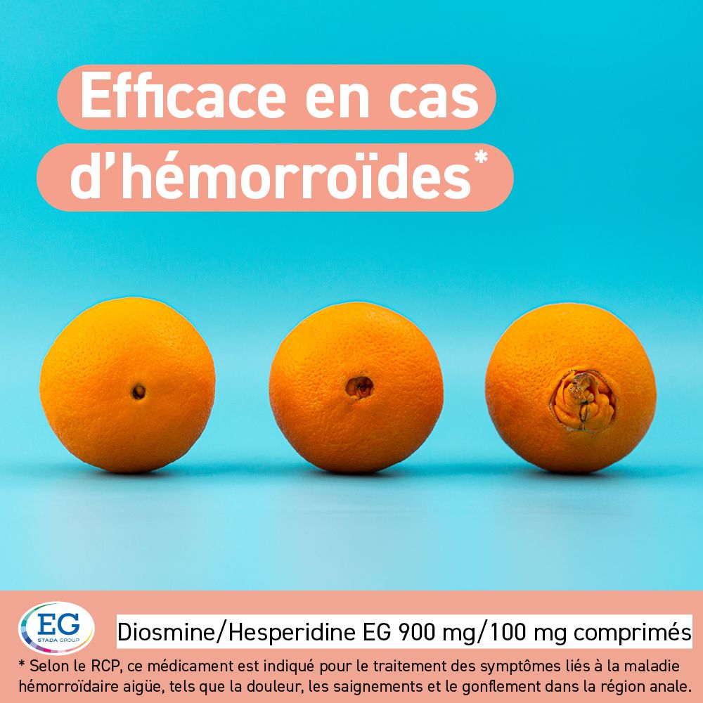 Trois oranges sur fond bleu. Texte : Efficace en cas d'hémorroïdes. Logo EG.