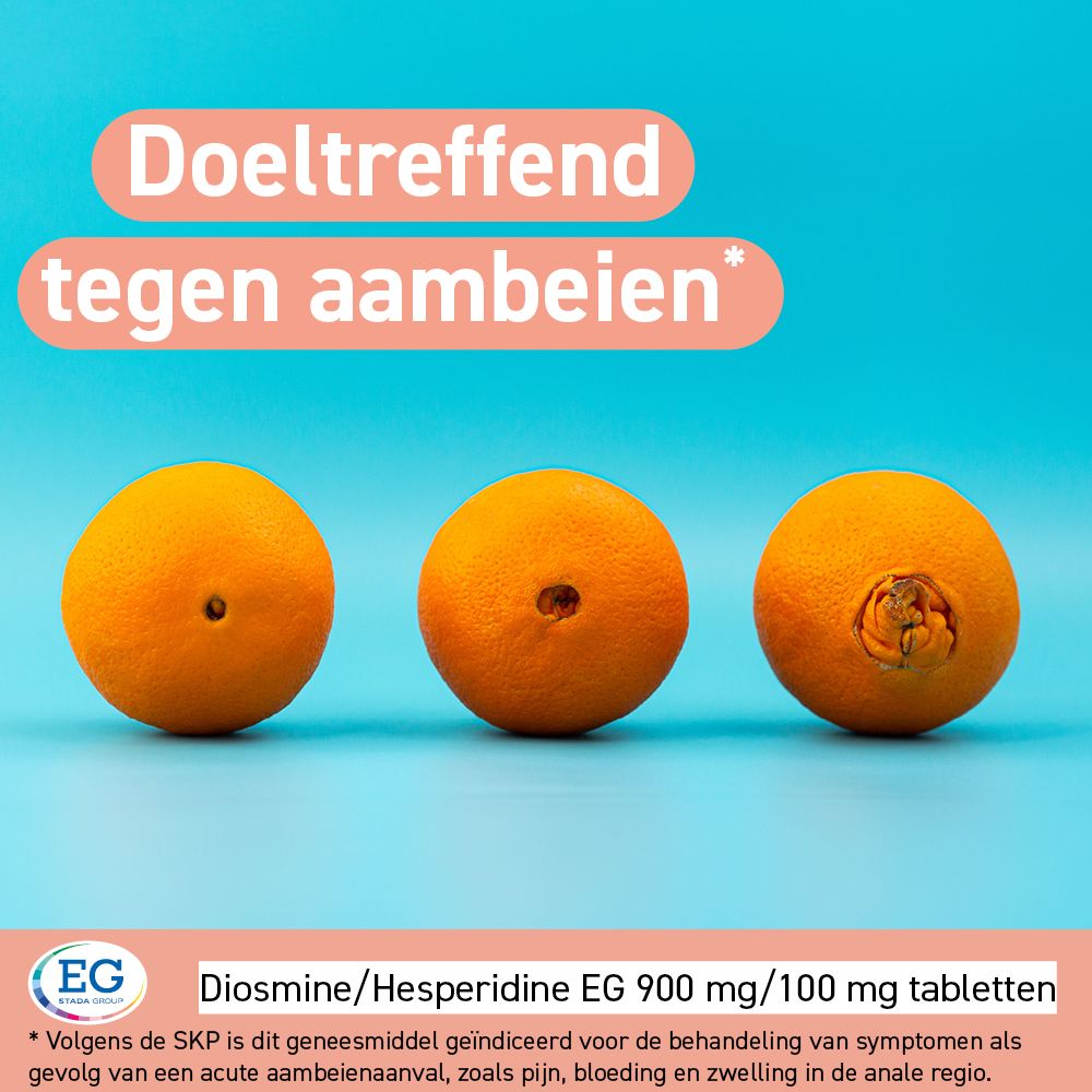 Trois oranges sur fond bleu. Texte : Efficace en cas d'hémorroïdes. Logo EG.