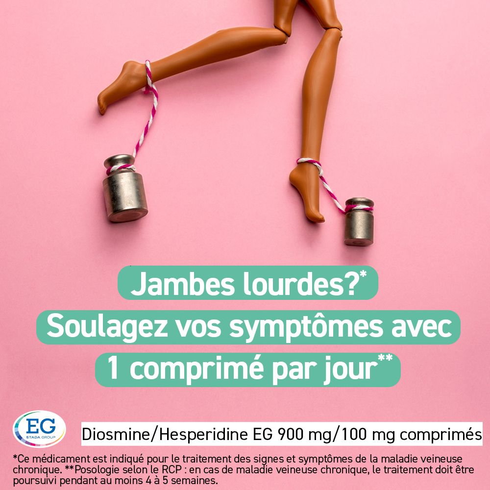 Jambes de poupée avec poids. Texte : Jambes lourdes ? Soulagez vos symptômes avec 1 comprimé par jour. Logo EG.