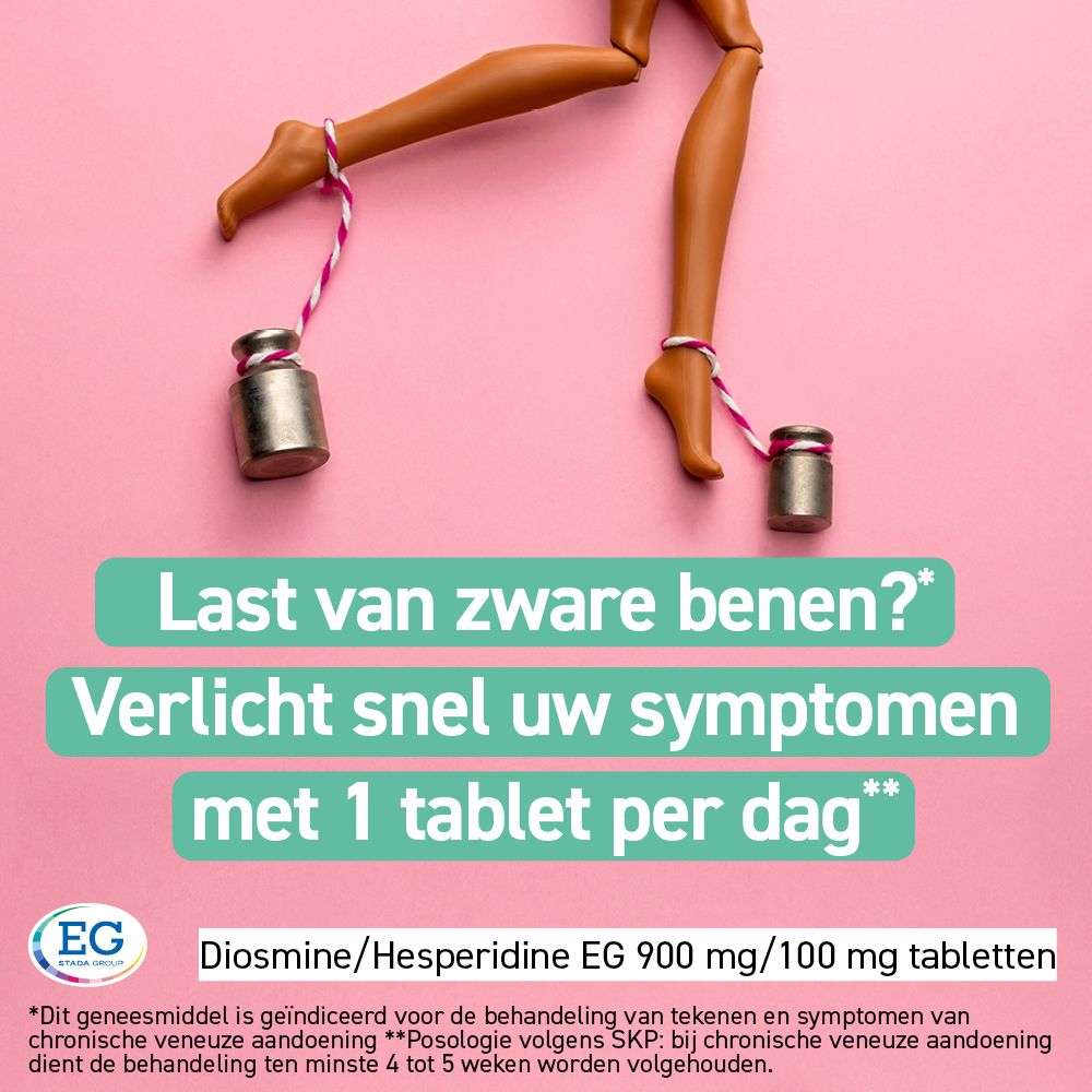 Jambes de poupée avec poids. Texte : Jambes lourdes ? Soulagez vos symptômes avec 1 comprimé par jour. Logo EG.