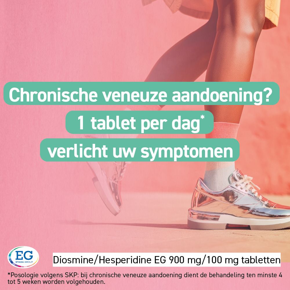 Jambes avec chaussures argentées. Texte : Maladie veineuse chronique ? 1 comprimé par jour soulage vos symptômes. Logo EG.