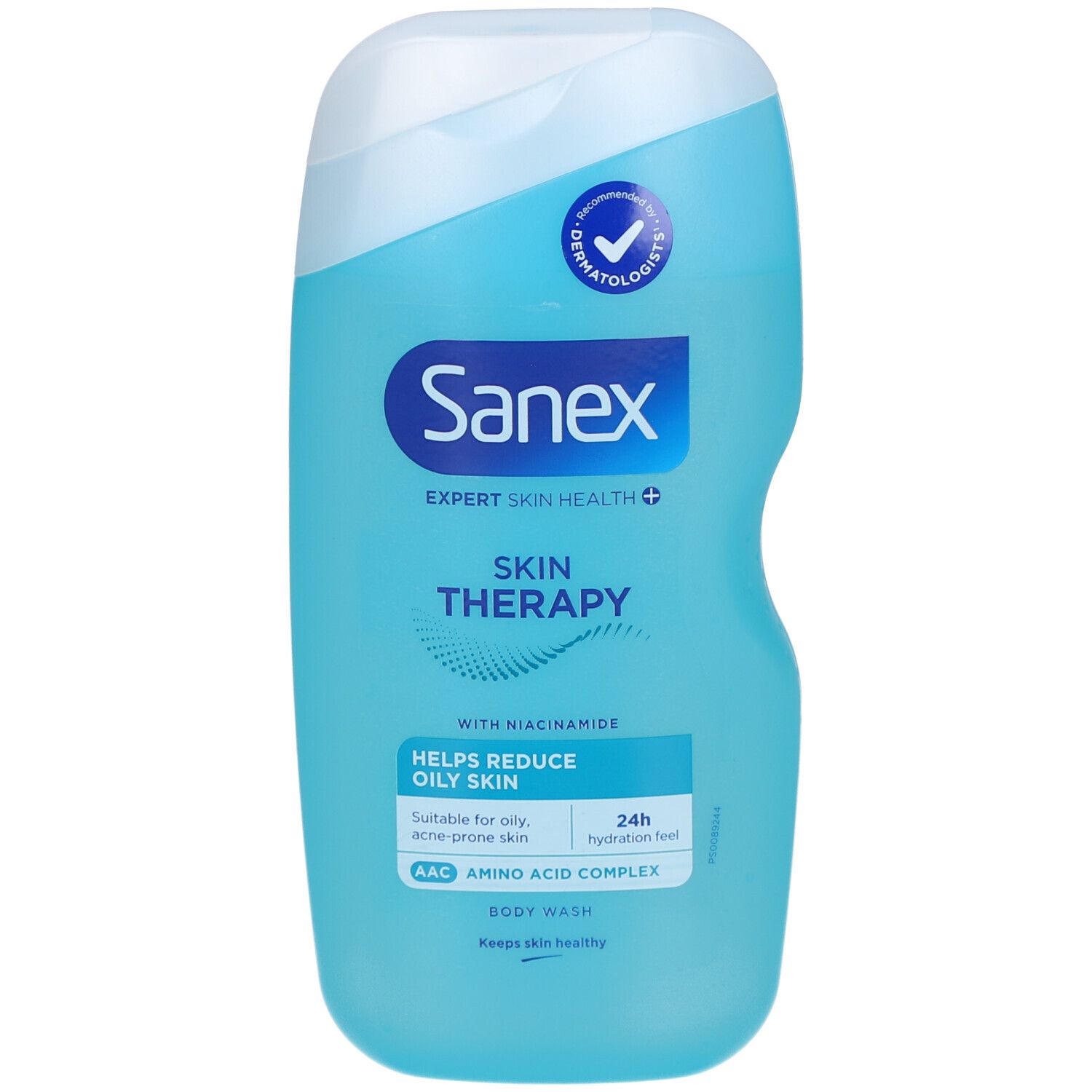 Blauwe, transparante fles met witte dop. Sanex Skin Therapy, tekst en logo. Dermatologisch getest. Helpt vette huid te verminderen.