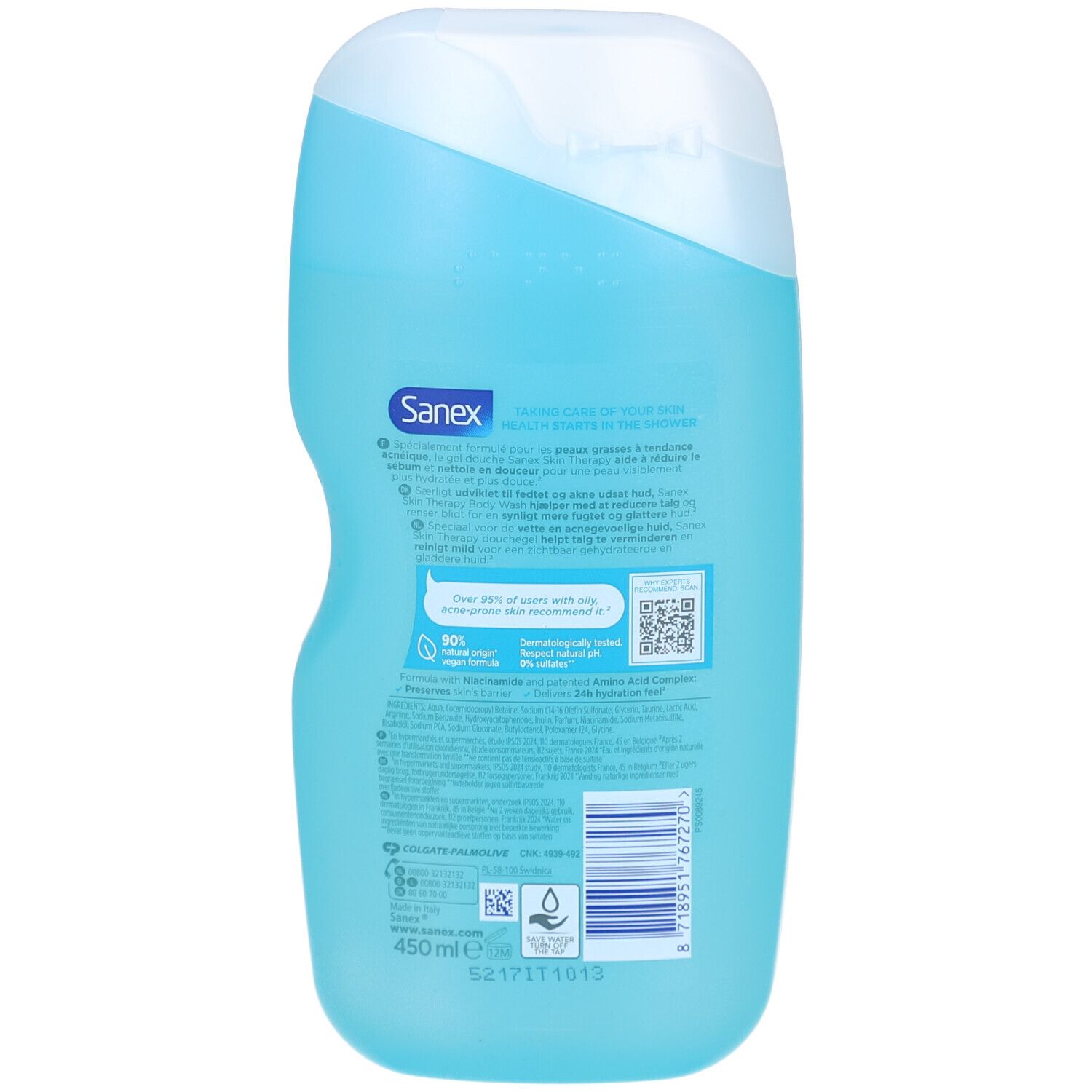 Achterkant van een blauw-transparante fles. Sanex logo. Meertalige tekst. 450 ml. Recycling symbool. Barcode.