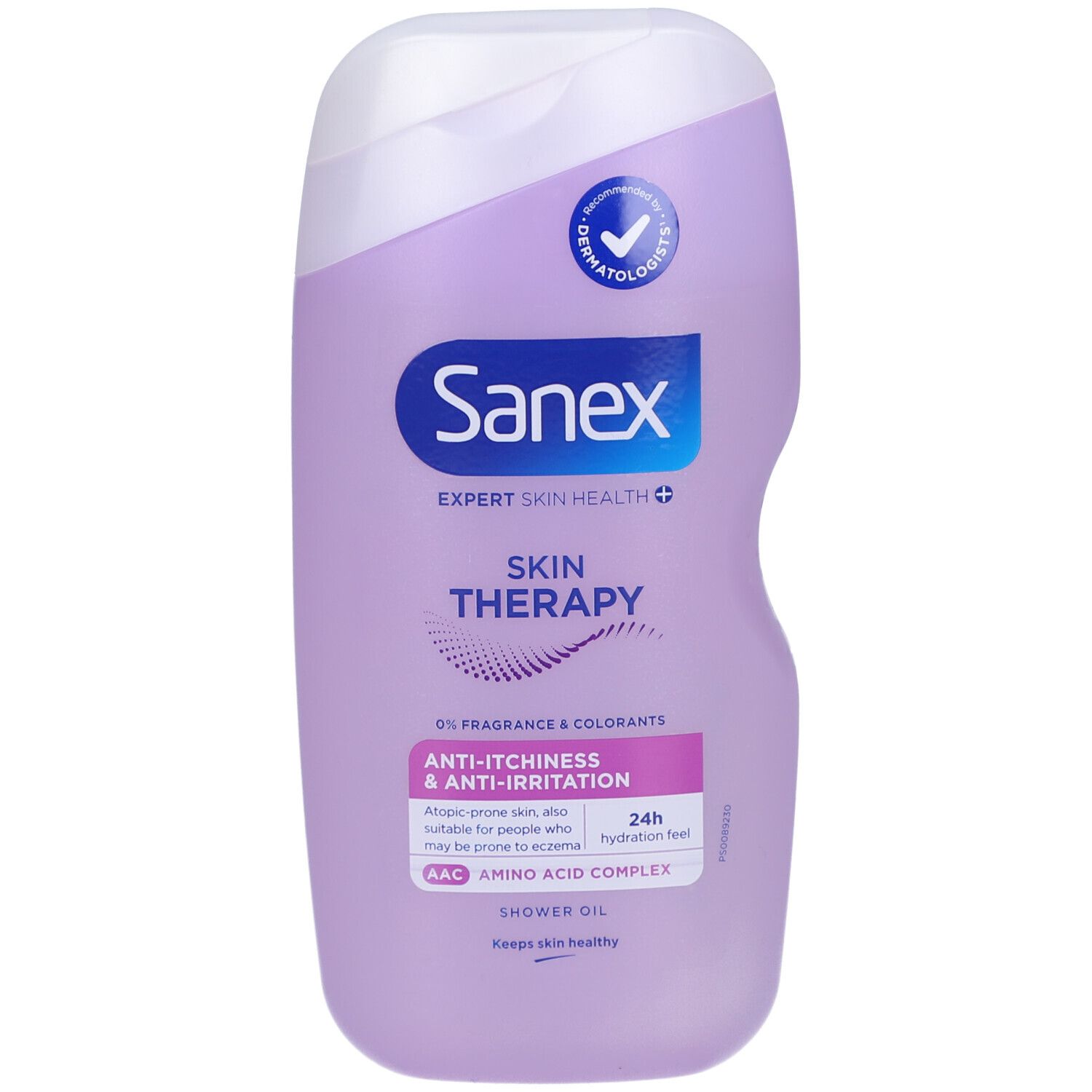 Paarse Sanex Skin Therapy douche-olie fles met witte dop. Tekst: Anti-irritatie, 0% parfum en kleurstoffen. Dermatologisch getest.