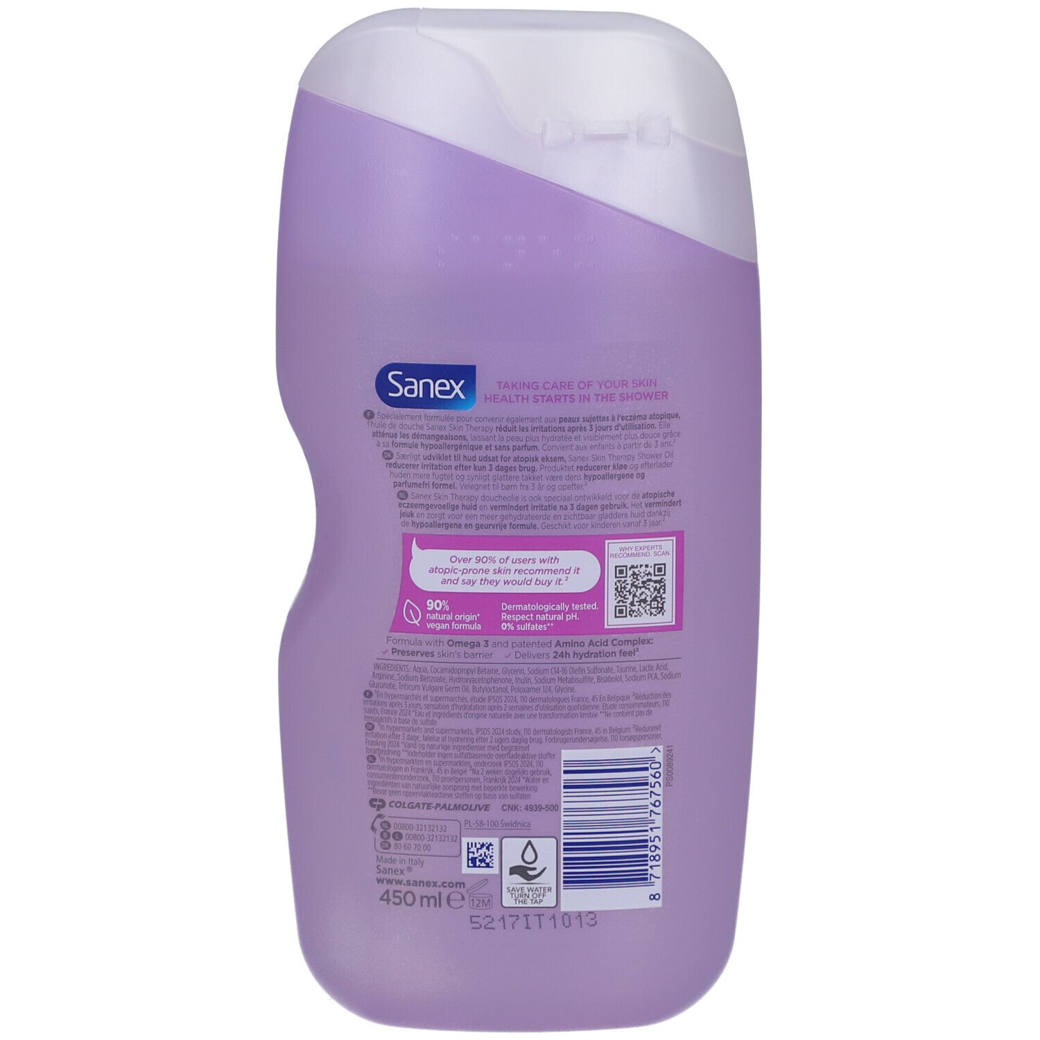 Achterkant van de Sanex Skin Therapy douche-oliefles. Tekst: 450ml, ingrediënten, gebruiksaanwijzing. Barcode en recycling symbool.