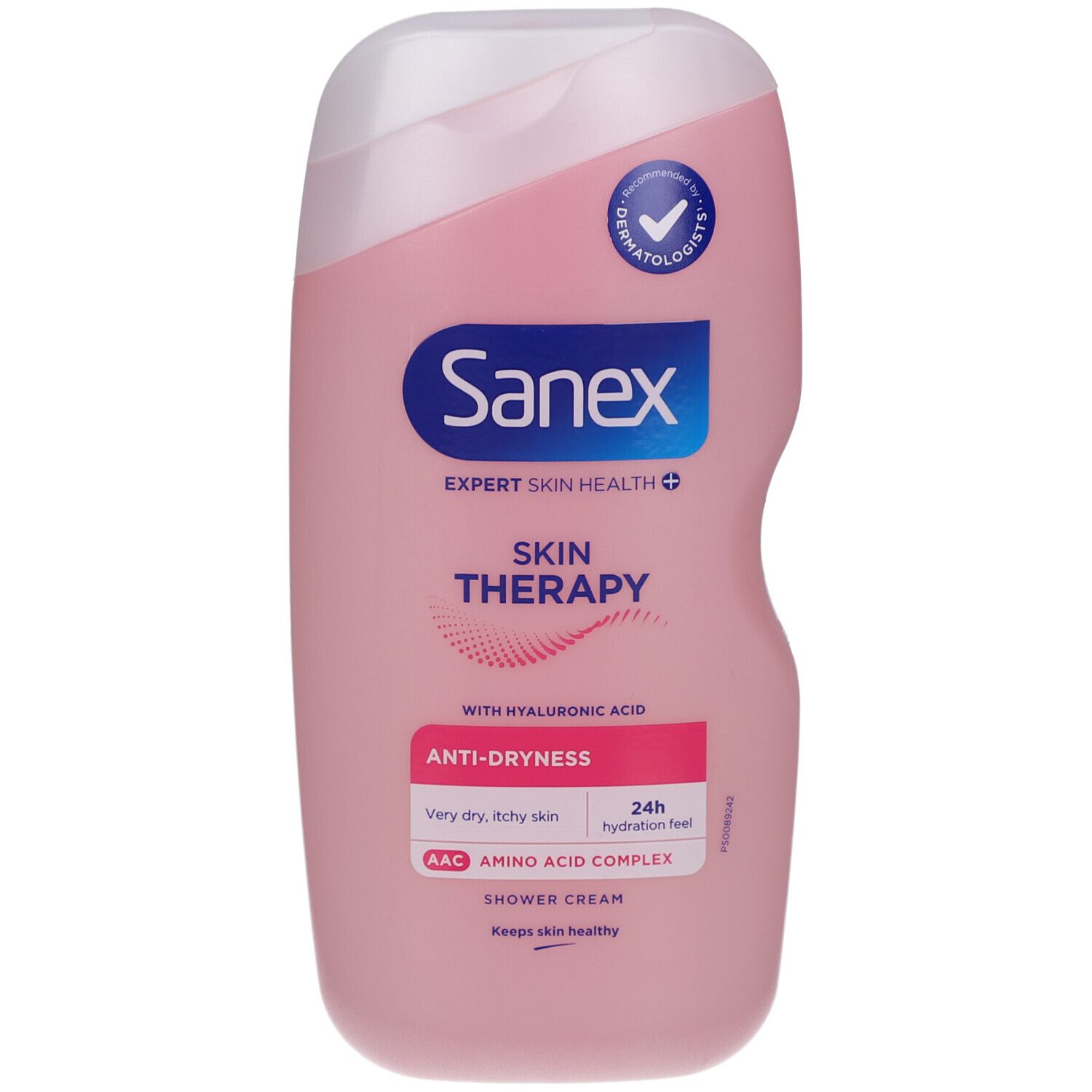 Flacon rose de crème de douche Sanex Skin Therapy. Bouchon blanc. Logos bleus et blancs. Texte : Anti-Dryness, avec acide hyaluronique.