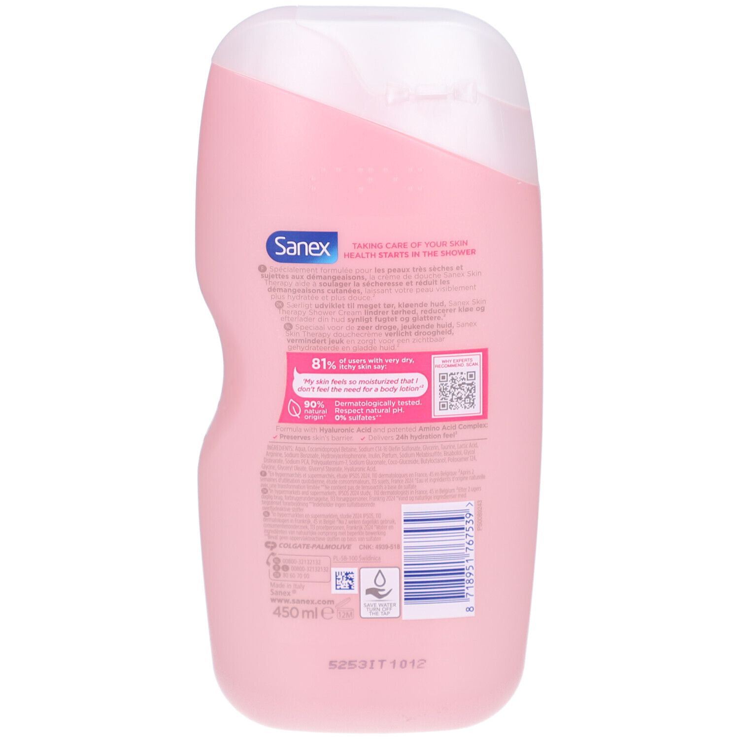 Dos du flacon de crème de douche rose Sanex Skin Therapy. Texte et logos. Contient des informations sur les ingrédients et l'utilisation.