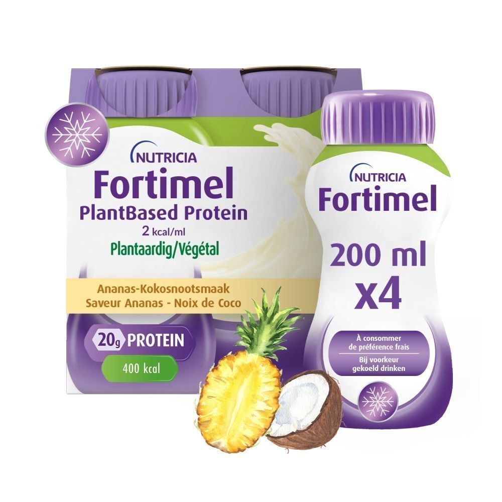 Fles Fortimel PlantBased Protein, 2 kcal/ml. Smaak: Ananas-kokosnoot. 20g eiwit, 400 kcal.