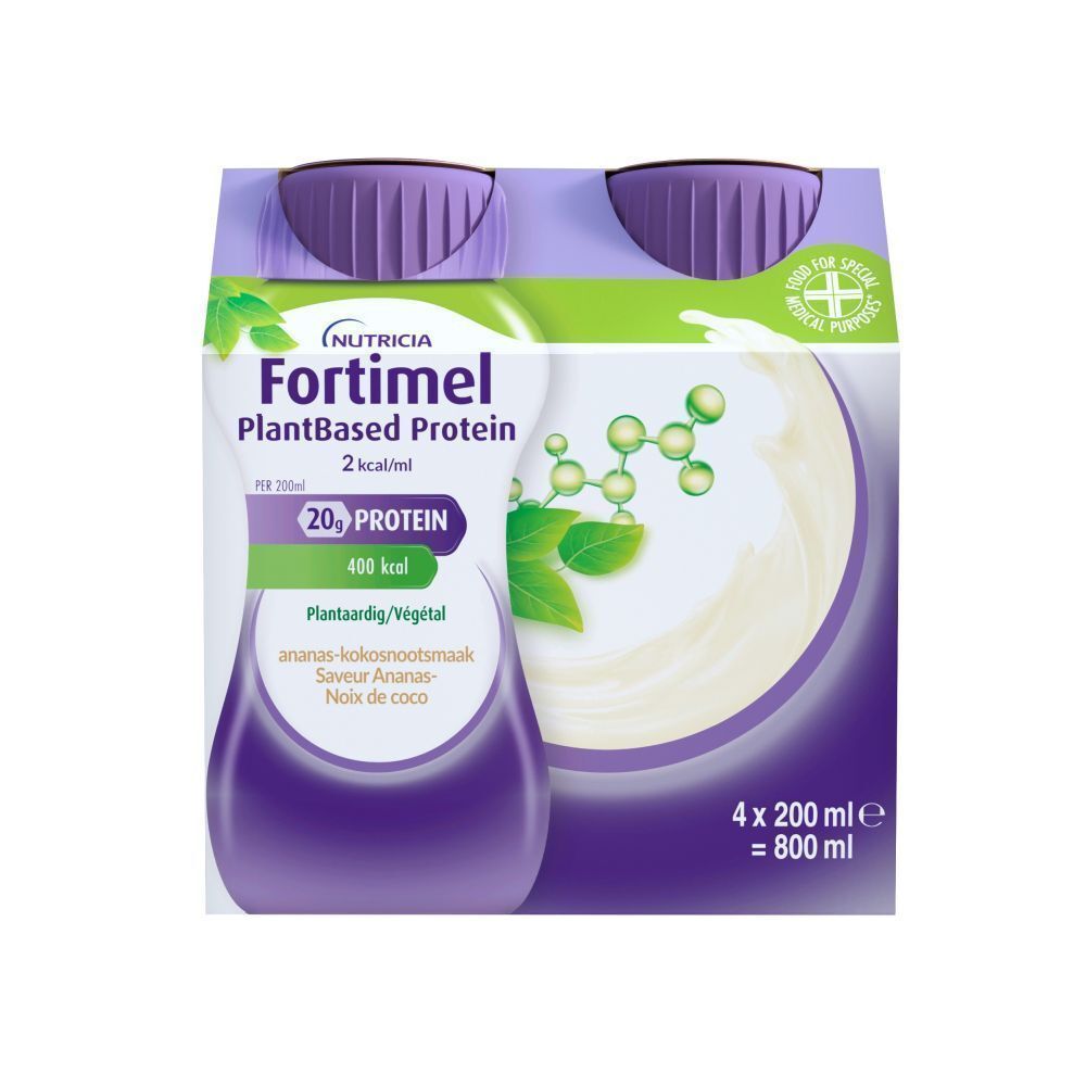 Fles Fortimel PlantBased Protein, 2 kcal/ml. Smaak: Ananas-kokosnoot. 20g eiwit, 400 kcal.
