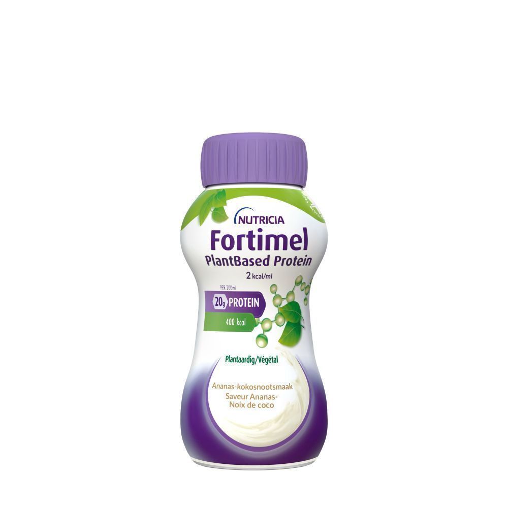 Fles Fortimel PlantBased Protein, 2 kcal/ml. Smaak: Ananas-kokosnoot. 20g eiwit, 400 kcal.